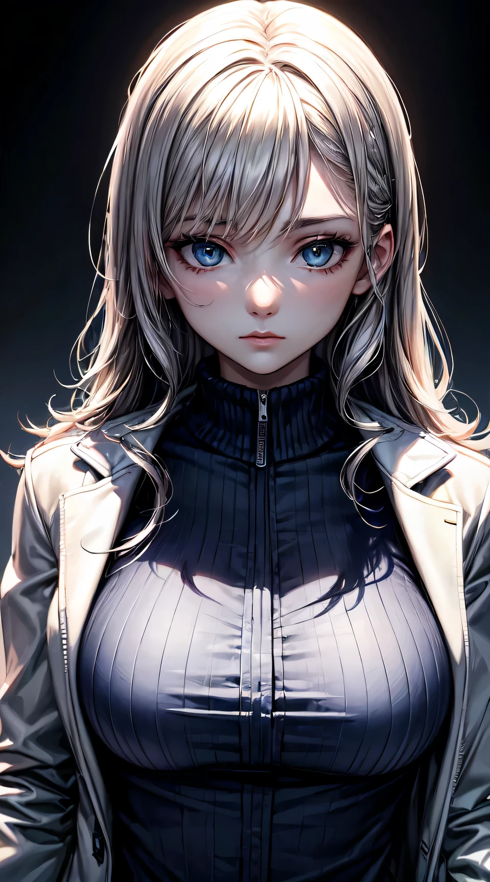 (best quality:1.5, highres, UHD, 4K, detailed lighting, shaders), white wavy hair, large breasts , woman jacket, long coat, (pov), Portrait, white background