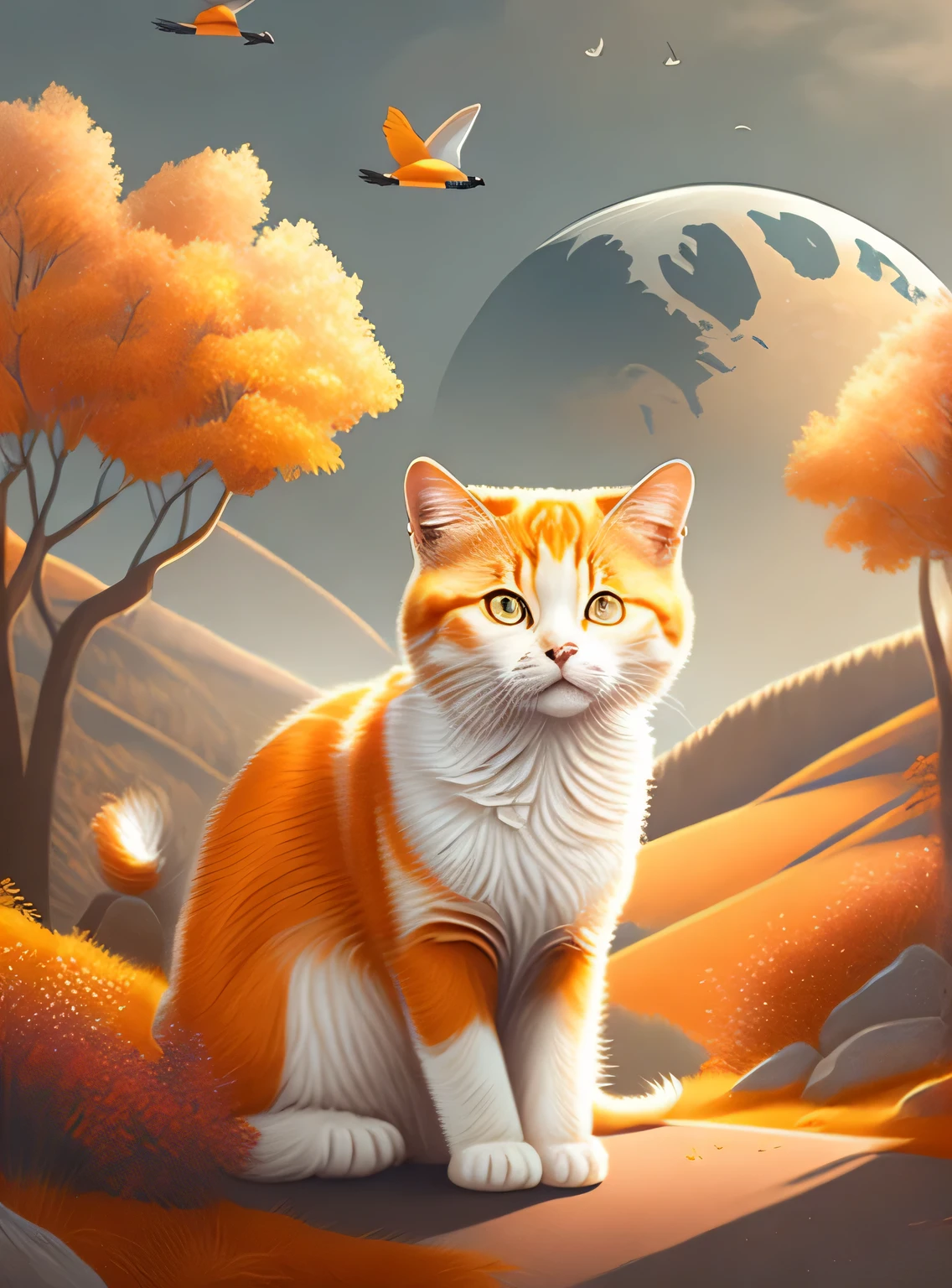 1gato em paisagem de outono, design de camiseta, rzminjornada, arte vetorial