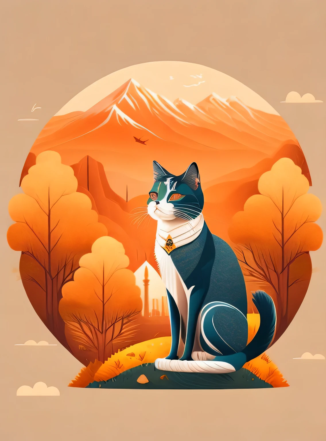 1gato em paisagem de outono, design de camiseta, rzminjornada, arte vetorial