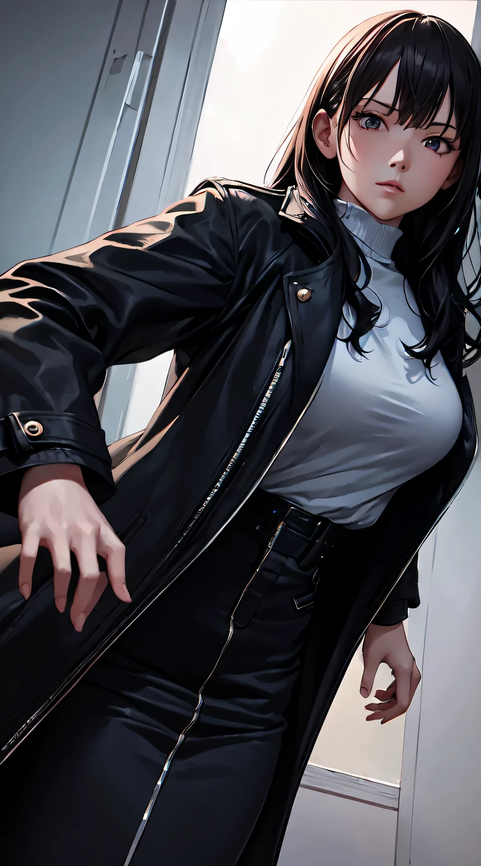 (best quality:1.5, highres, UHD, 4K, detailed lighting, shaders), black wavy hair, large breasts , woman jacket, long coat, (pov), full ody, white background