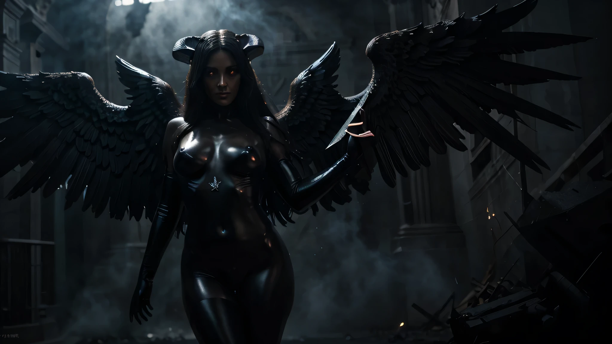 ultra-realistic angelic figure: angel with black wings spread triumphantly, a gloomy, dark smoke setting, baphomet pose