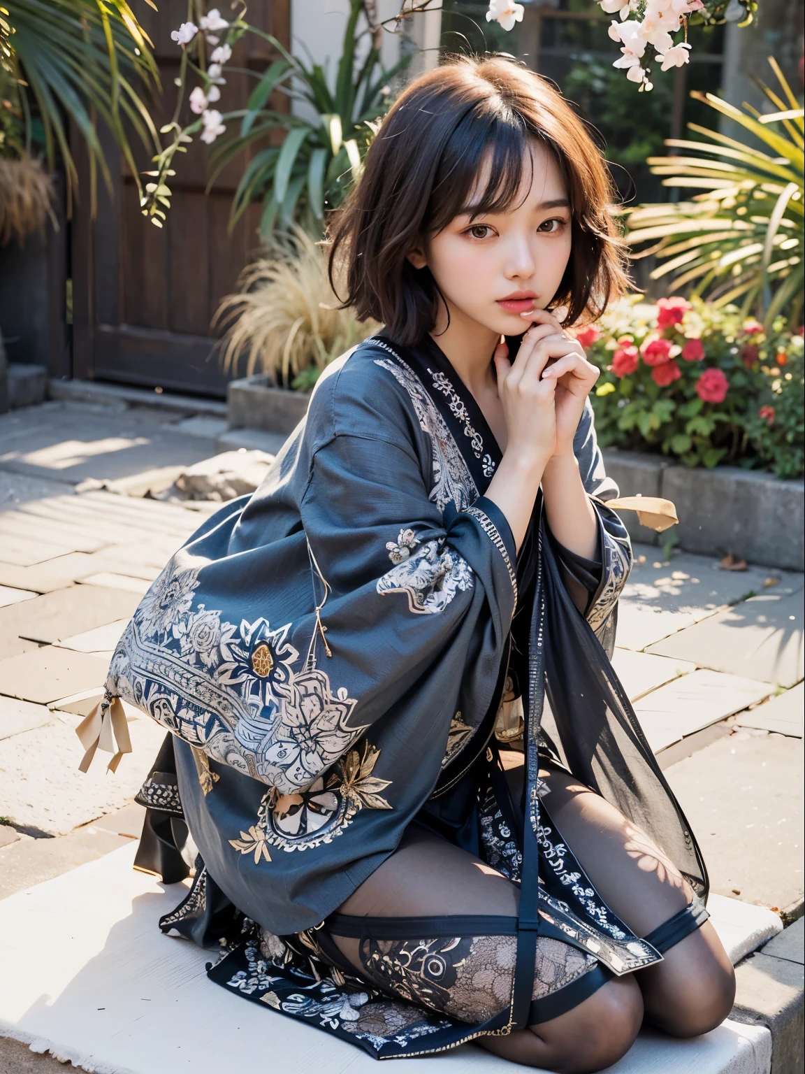 (Best quality, 8k, 32k, Masterpiece, UHD:1.2) "Generate a captivating artwork featuring a young Japanese girl model with short, sleek black hair styled in a chic bob haircut. Envision her bathed in dramatic cinematic lighting, creating an atmosphere of allure and mystery. Emphasize a romantic aesthetic vibe, showcasing the model in a poised and elegant pose that evokes a sense of intimacy and sophistication. Utilize warm and soft tones to enhance the romantic ambiance, and consider incorporating elements like flowing fabrics or flowers to add a touch of ethereal beauty. Capture the essence of romance and beauty through the model's expression, the play of light and shadows, and the overall aesthetic, creating a visually compelling and emotionally resonant piece." (perfect eyes), flawless skin, flawless face, cinematic, tight body, ((well-proportion female hands)), ((female hands with five digits)) ((Body is well proportioned)), ((chic bob haircut)), lingerie, snow