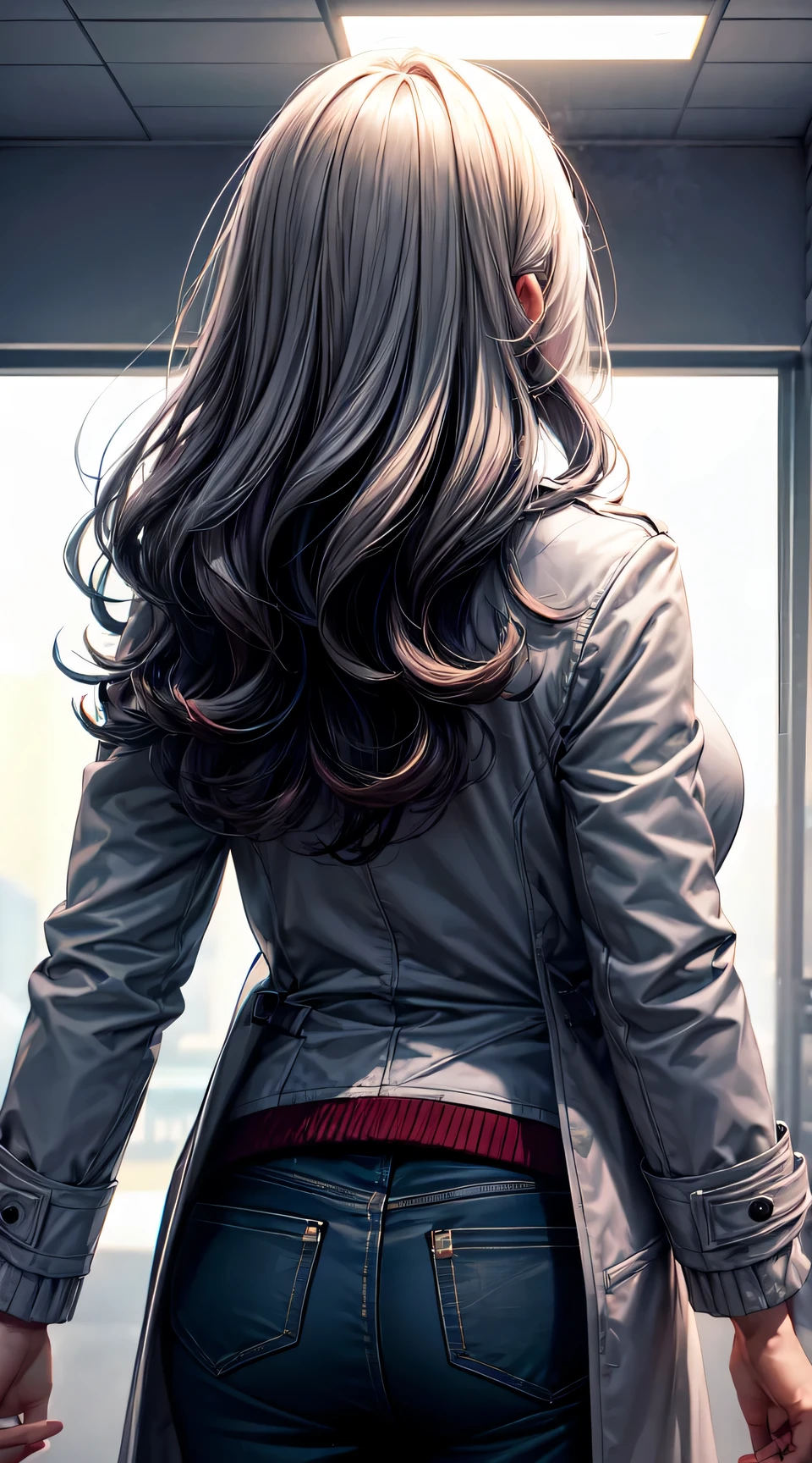 (best quality:1.5, highres, UHD, 4K, detailed lighting, shaders), white wavy hair, large breasts , woman jacket, long coat, (pov), from the back, white background