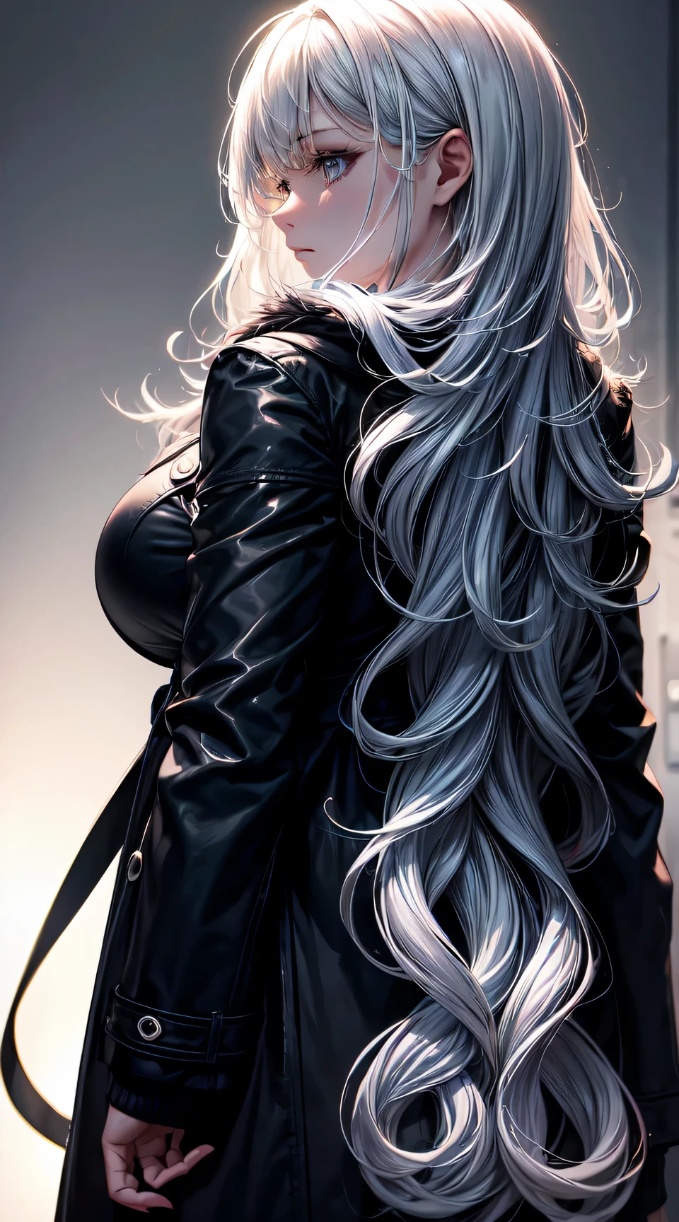 (best quality:1.5, highres, UHD, 4K, detailed lighting, shaders), white wavy hair, large breasts , woman jacket, long coat, (pov), from the back, white background