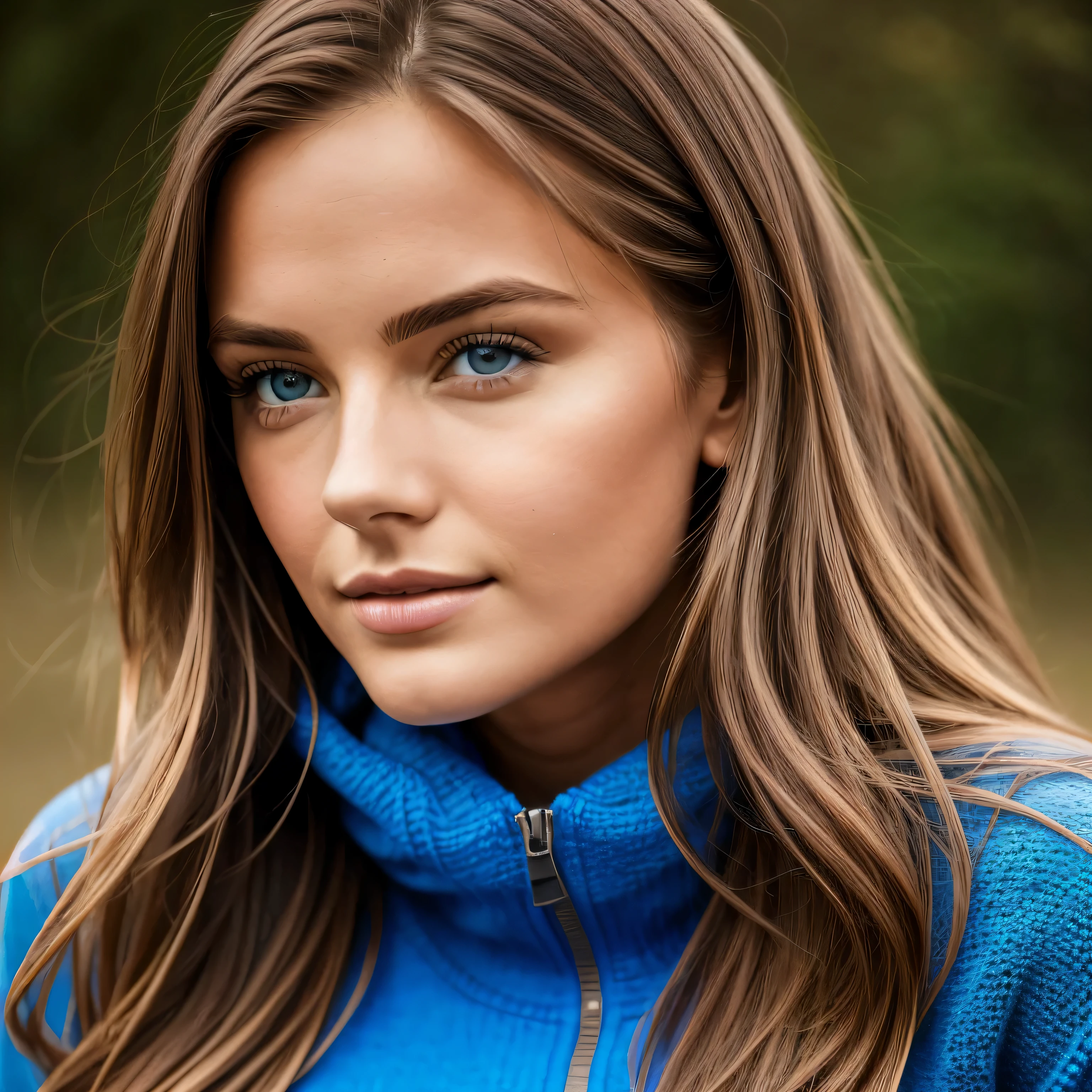 linda mulher, 23 anos, longos cabelos castanhos e olhos azuis, peitos grandes, Blue silk sweater, Ombro livre, pratica esportes, tanga preta, Full body shot 8K, linda modelo feminina, rosto bonito e atraente, fotorrealista, Rosto de sardas, Pele natural cinematograficamente bela, linda garota modelo, looks directly into the camera, Fotografia RAW muito realista