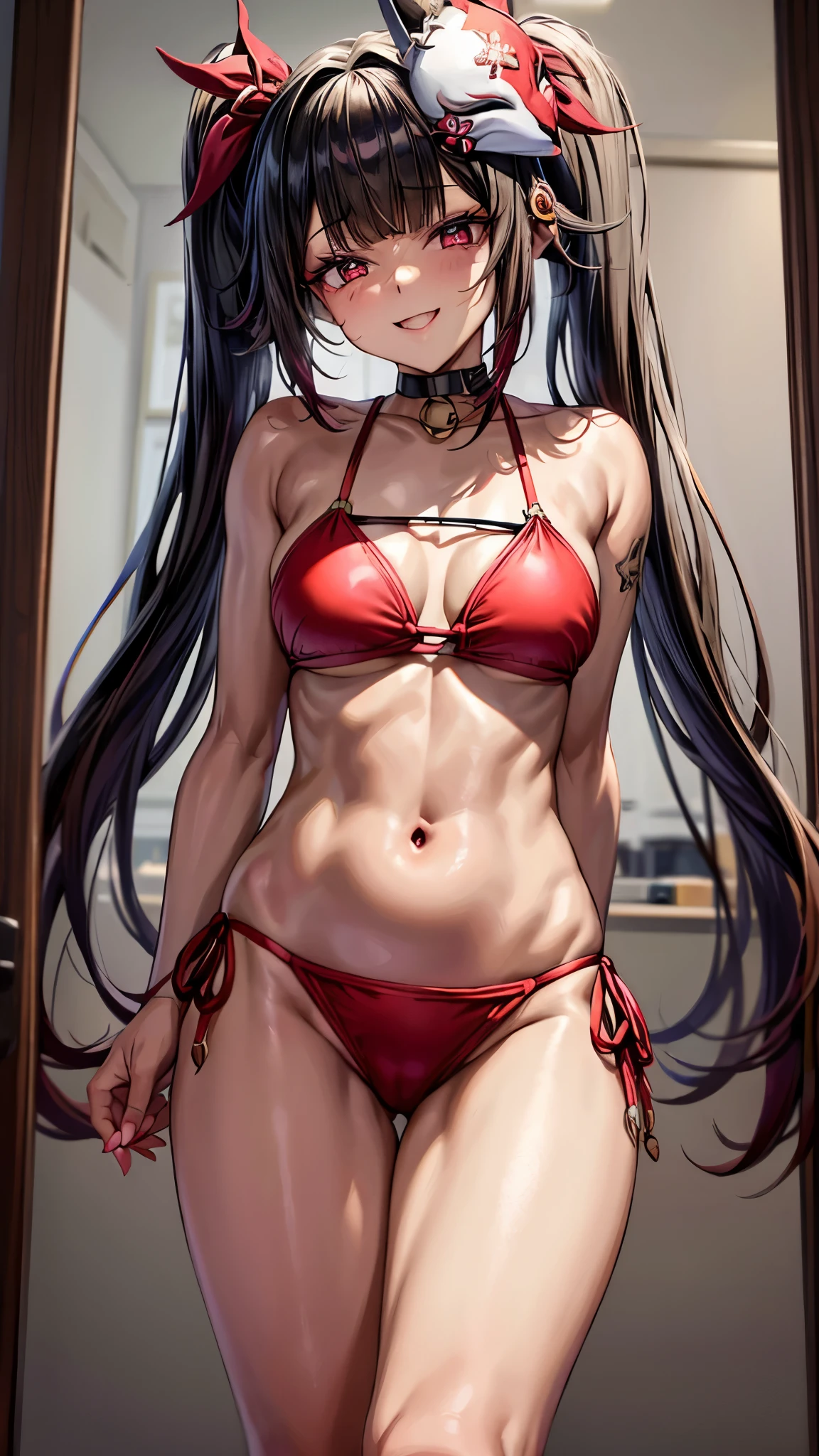 Face: Estilo de arte, Cor estilo anime: Predominantemente vermelho com contrastes de preto e branco, Cor dos olhos: vermelho carmesim brilhante, com reflexos luminosos. Cor do cabelo Preto com mechas vermelhas, Penteado: Longo com twintails, adornado com o tradicional enfeite de cabelo vermelho e dourado, (((mischievous and playful smile with a touch of mischief))), ((kitsune mask)), pernas musculosas, sadist , ((( no quarto do motel))), {{{mostrando a bunda grande para mim}}}, (((foto de corpo inteiro))), unhas bem cuidadas, unhas vermelhas, (((wearing a beautiful short and sexy bikini))) , NSFW, hdr, {Standing}