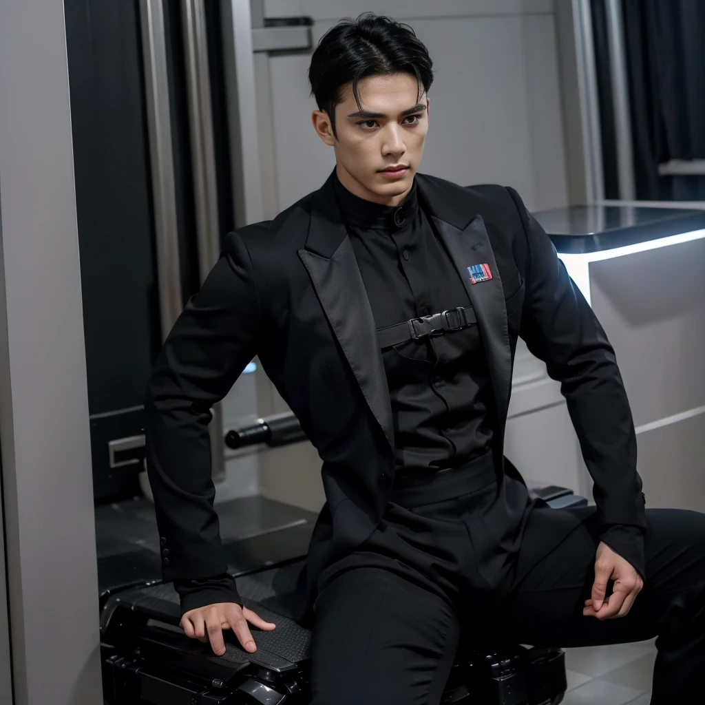 2 boys, masculine man, black hair, muscular man, futuristic clothes, tight suit, black suit, military suit, charming, bare chest, puffy nipples , swollen nipples , abs, nsfw , eroticism, 2 males , sexy