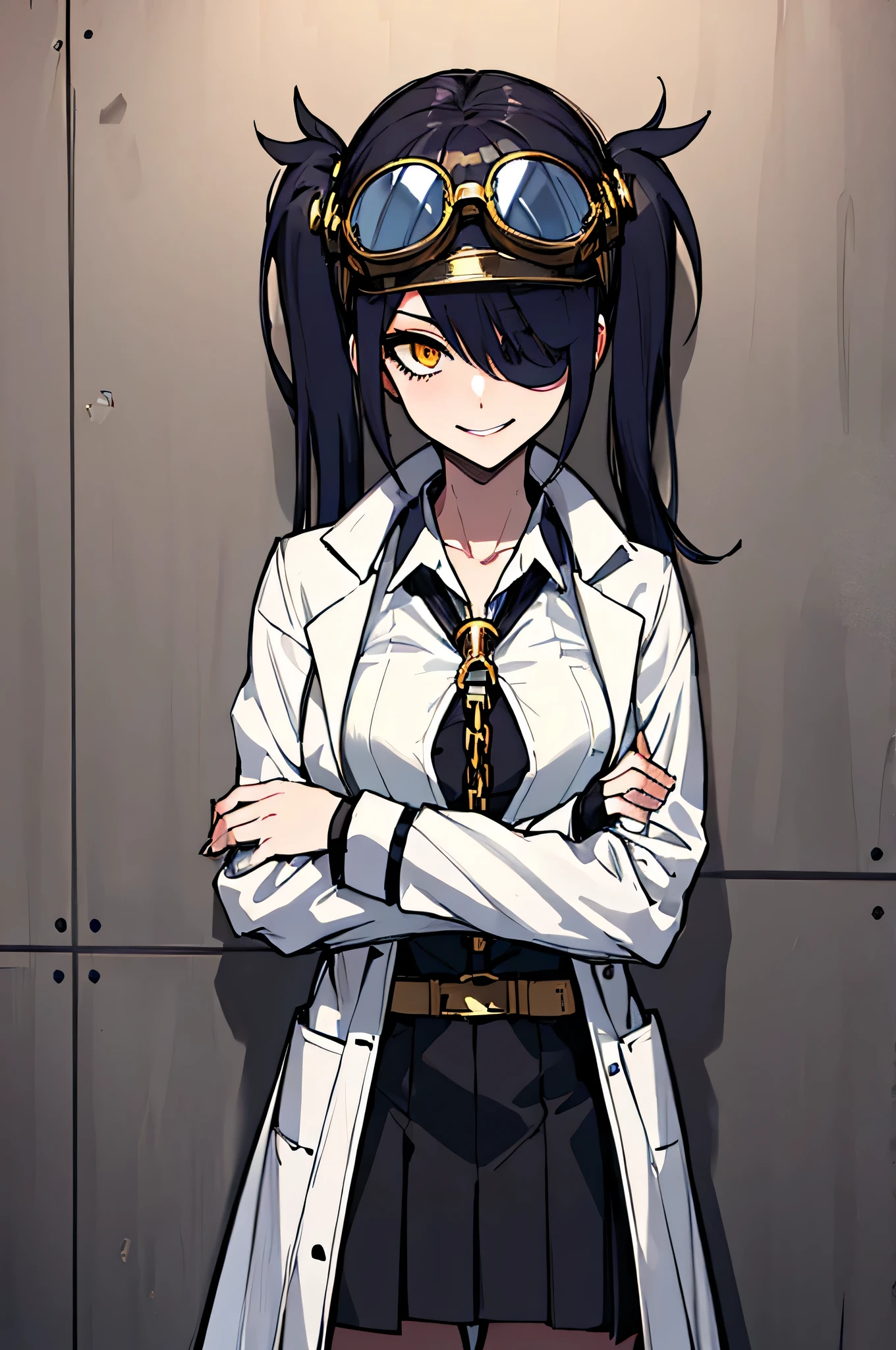 (absurdres, 8k, 4k, masterpiece, hyper extreme detailed:1.2), solo, 1girl, front view, perfect face, 1girl, portrait, expressive eyes, solo, standing, Female, girl with goggles and a chain around her neck, cyber goggles, victorian goggles, round goggles, goggles, cyberpunk monocle!, goggle eyes, steampunk googles, steampunk goggles, wearing victorian brass goggles, weak, female, small breasts, pale, cream colored hair, long hair, gold eyes, swept bangs, slim, slender, intelligent, genius, mad scientist, twin tails, Inventor, confident, perfect anatomy, futuristic, fingerless gloves, chest harness, pervert, egotistical, half body, lab coat, belts, crazy face, crazy eyes, crazy smile, white room background, 1girl, futuristic, standing, looking at tablet, leaning against wall, labcoat, t-shirt, white hair, mature, adult, attractive, crossed arms, skirt