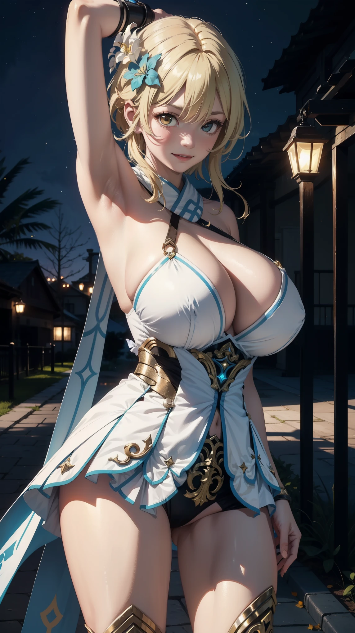 Masterpiece, high quality, 8k, ultra detail, ((luminedef)) standing, (huge breast), smile, (night), ((armpits poses)), sexy