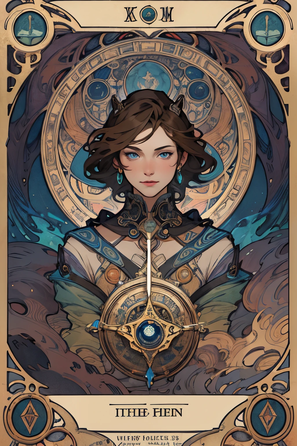 1 woman,(short brown hair:1.1),blue eyes,writer,(zendispute, mandala, dispute, endispute:0.6),(Fractal art),Chaos in its most beautiful form,Mucha style, consciousness,tarot, steam Punk