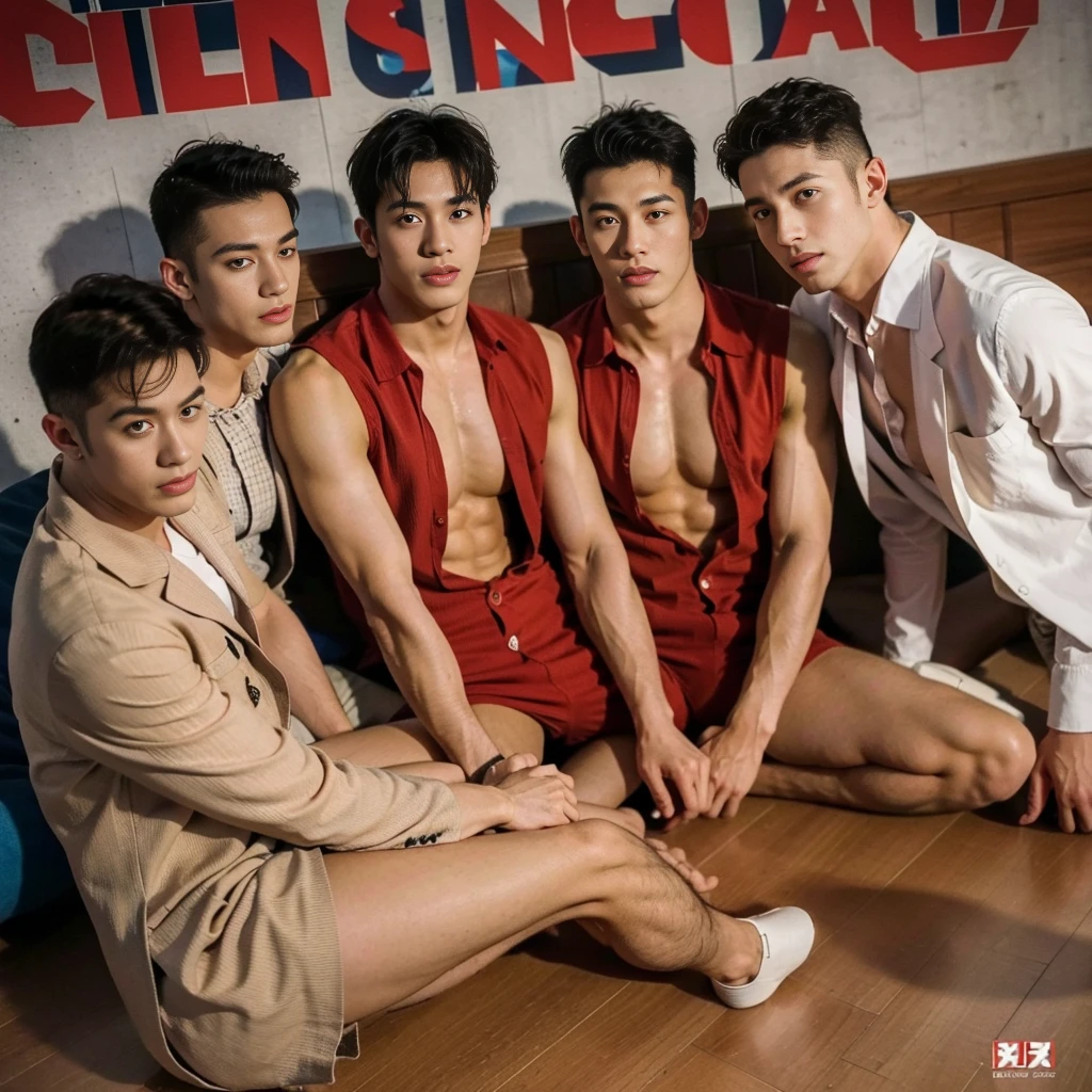  full length shot , huge bulge , sexy , eroticism ,  long dick , nice glans ,  dynamic pose , 3 boys shooting porn magazine cover , 3 handsome boys close together , all fours
