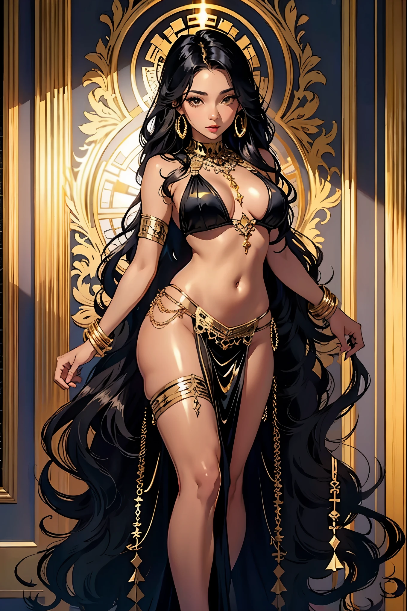 best quality, nsfw, extremely beautiful, beautiful face, long wavy dark hair, (Woman Dark : 1.1), (Brown skin : 1.1), (Shiny skin : 1.5), big breasts, long sexy black and gold dress neckline navel, black and gold breast curtains, long black and gold open_front_skirt, arousal pose, (extremely long necklace that goes down to the navel : 1.1)