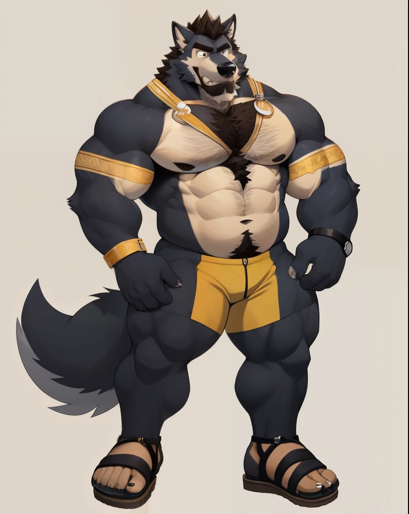 1boy, abs, bara, bare pectorals, bare shoulders, black hair, body hair, brown hair, chest hair, clothing cutout, cuffs, dark-skinned male, facial hair, handcuffs, jewelry, large pectorals, long sideburns, male focus, mature male, medium hair, muscular, muscular male, navel, pectorals, short hair, sideburns, solo, stomach, stubble, thick thighs, thigh cutout, thighs, tight, watch, ((wolf, full body, sandals))