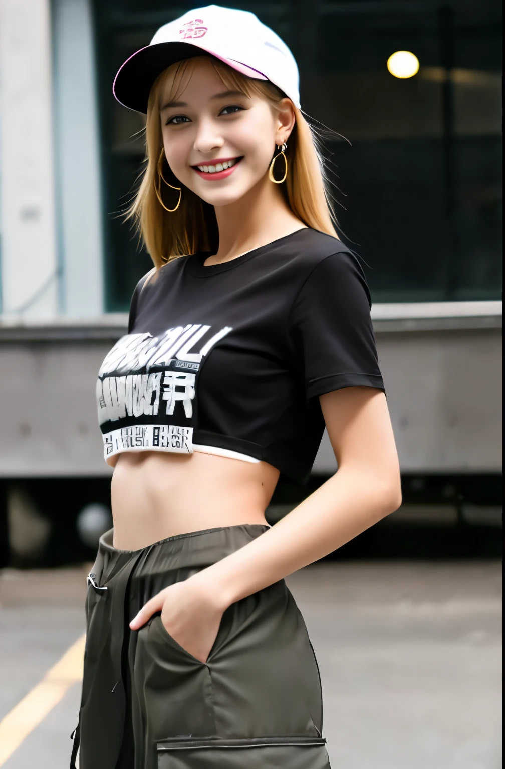 super resolution,
(realistic:1.3),
(1 slim girl), stylish girl, fashion,
young face, blush, (evil smile),
(slim) thigh,
baseball cap, earrings,
(black t-shirt), (baggy cargo pants),
gravure,
Rainy streets