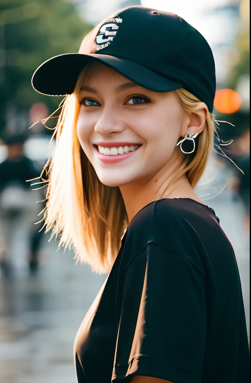 super resolution,
(realistic:1.3),
(1 slim girl), stylish girl, fashion,
young face, blush, (evil smile),
(slim) thigh,
baseball cap, earrings,
(black t-shirt), (baggy cargo pants),
gravure,
Rainy streets