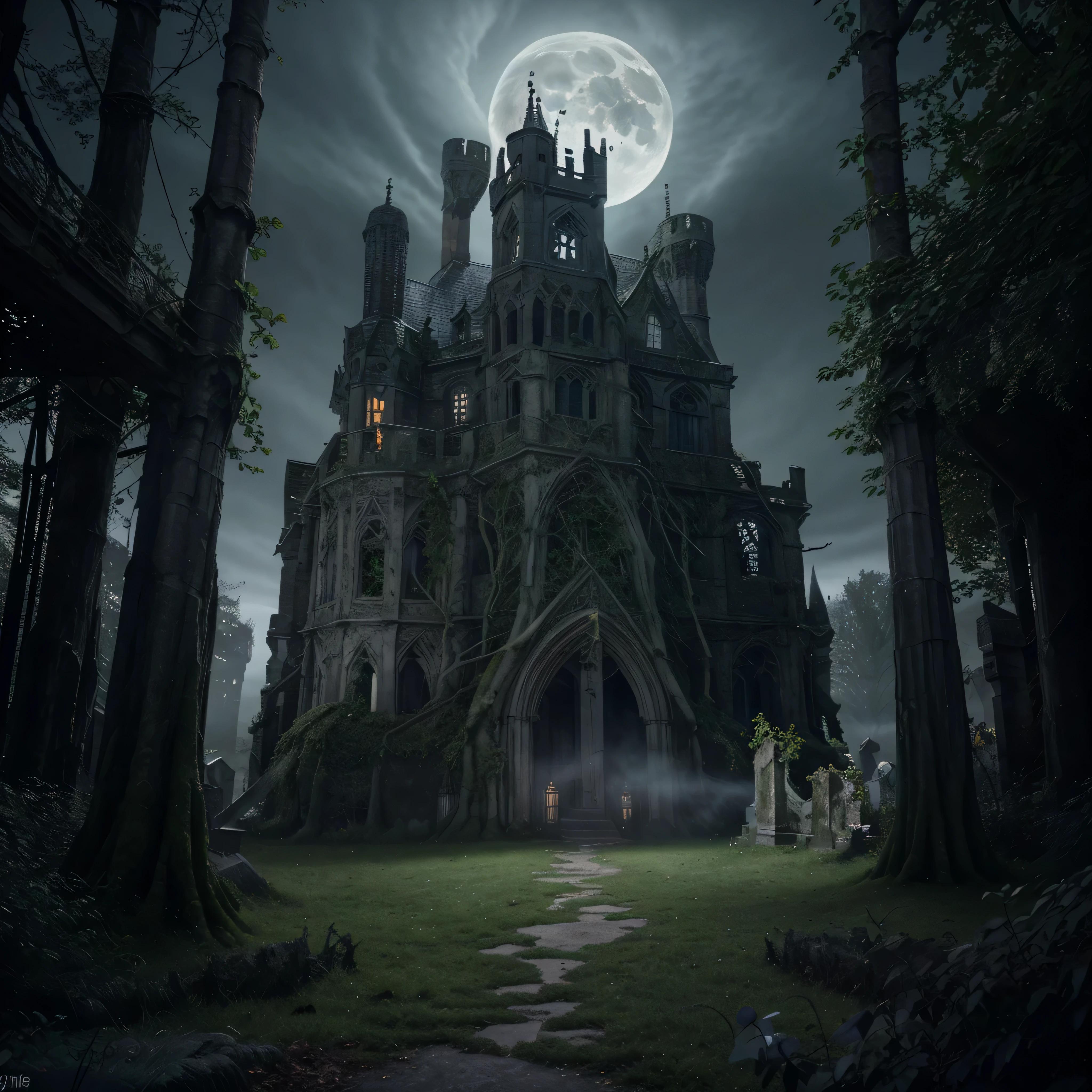 (best quality,4k,8k,highres,masterpiece:1.2),ultra-detailed,(realistic,photorealistic,photo-realistic:1.37),castle on top of a mountain at night, eerie scene, ghost, monsters, bats, dark clouds, full moon, foggy atmosphere, sinister shadows, gothic architecture, ancient ruins, moss-covered stones, crumbling walls, ivy-covered towers, menacing gargoyles, mysterious figures lurking, hauntingly beautiful landscape, moonlight illuminating the scene, spooky ambiance, chilling wind, thunder rumbling in the distance, moonlight reflecting on a still lake, trees with twisted branches, graveyard nearby, tombstones with eerie engravings, bats flying gracefully, misty haze enveloping the castle, eerie lights flickering, an air of mystery and suspense, spine-chilling atmosphere, deep sense of foreboding, ancient curse lingering, secrets waiting to be unveiled, an otherworldly presence, horror movie-inspired, supernatural beings lurking in the shadows, a sense of the paranormal, an unsettling tranquility, a moment frozen in time, darkness and light intertwining, a haunted tale waiting to unfold.