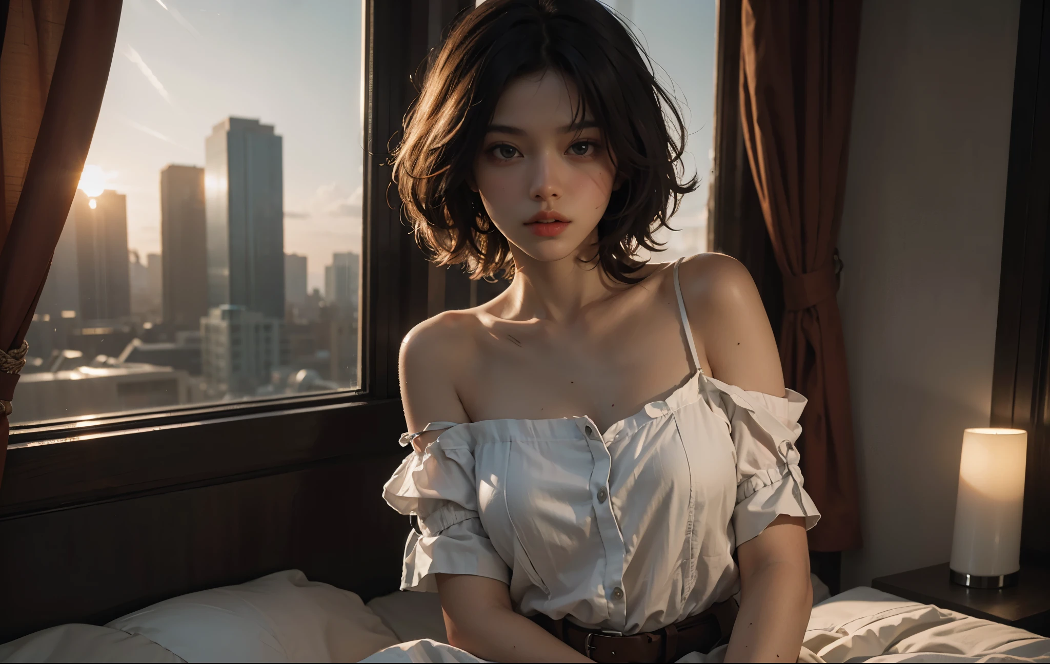 1 girl, Best quality, masterpiece, ultra high res, (photorealistic:1.4), raw photo, 1girl, see through spaghetti strap shirt, cinematic lighting, half body view, half body shot, bedroom, by the window, orange sunset light reflects on hair, one strap falls off shoulder