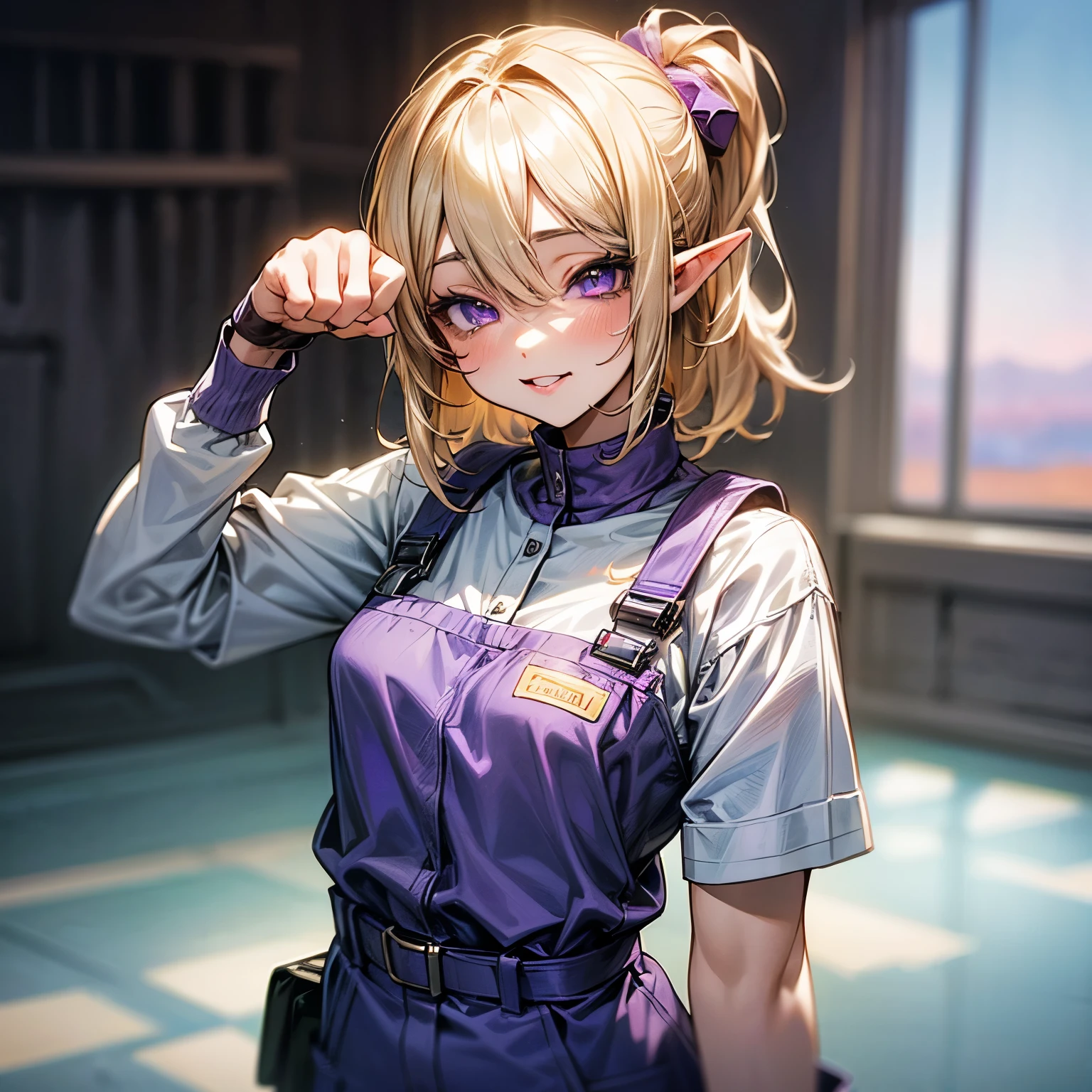 ((Masterpiece)), (Anime:1.5), ((best quality)), (RAW photo:1.2), (High Definition:1.3), (Professional Photography:1.2), (), (1girl), cute young girl, (paw posing:1.4), BREAK, (naughty face:1.3), (Beautiful purple daiamond eyes:1.5), (pale skin), elf girl, wearing Gray Workwear Coveralls, flat chest, slender waist, BREAK, (hair over eyes:1.2), Silky unruly hair, medium hair, ((blond hair)), wearing Gray Workwear Coveralls, ((outside The Frozen Desert)),