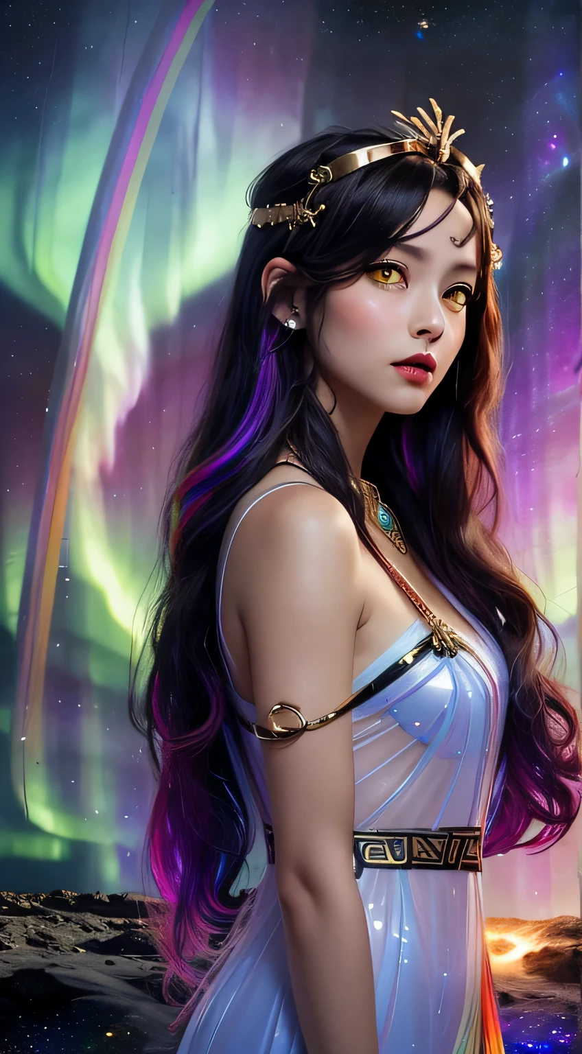 1 27-year-old girl, 1 athena goddess from the future, 12 zodiac goddess pink purple, athena goddess face sexy thin yellow nightgown, long thin nightgown 12 zodiac many limbs sexy black lace detail, mythical goddess of the athena from the future, zodiac ♏, luxurious glittering athena style, dark and mysterious version, athena crown, lipstick red lips, thin and pretty lips, don't smile, keep your mouth shut, characters created by karol bak and pino daeni, intricate detail, detailed background, extremely detailed, light magic, a woman, clear face, round breasts, big and round breasts, phoenix hair brooch, long hair with bangs, (Long hair has 7 colors like rainbow:1.9), beautiful detailed face and well-proportioned eyes, (transparent yellow eyes: 1.8), big round eyes and very beautiful and detailed makeup, visionary, long silk nightgown, mysterious makeup, Bracelets, side bangs and dye pale yellow, drooping arm, (((full bo shot))), Realistic and vivid photo, (stars that make up the athena: 1.7), ( sky athena and fictitious space and time portal: 1.8), fiction art, RAW photo, hanfu photo, best photo , high_res, best quality, best photo, 8k quality, 8k ultra , surrealism, the most economical real photo, 1 symbol of athena signs behind, The most realistic color scheme, best photo color, masterpiece, hair ornament, necklace, jewelry, Beautiful face, upper body, tyndall effect, photo realistic, dark studio, border light, two tone light, (detailed skin) high: 1.2), 8k uhd, dslr, soft light, high quality, volumetric light, candid, Photo, high resolution, 4k quality, 8k, Bokeh, Smooth and sharp, pixel up 10 times, Charming athena goddess, sexy athena goddess, (background space: 1.8), (galaxy: 1.7), aurora, lightning, (Aurora Background: 1.8), perfect eyes, photo of perfect eyes, beautiful goddess and flowers,