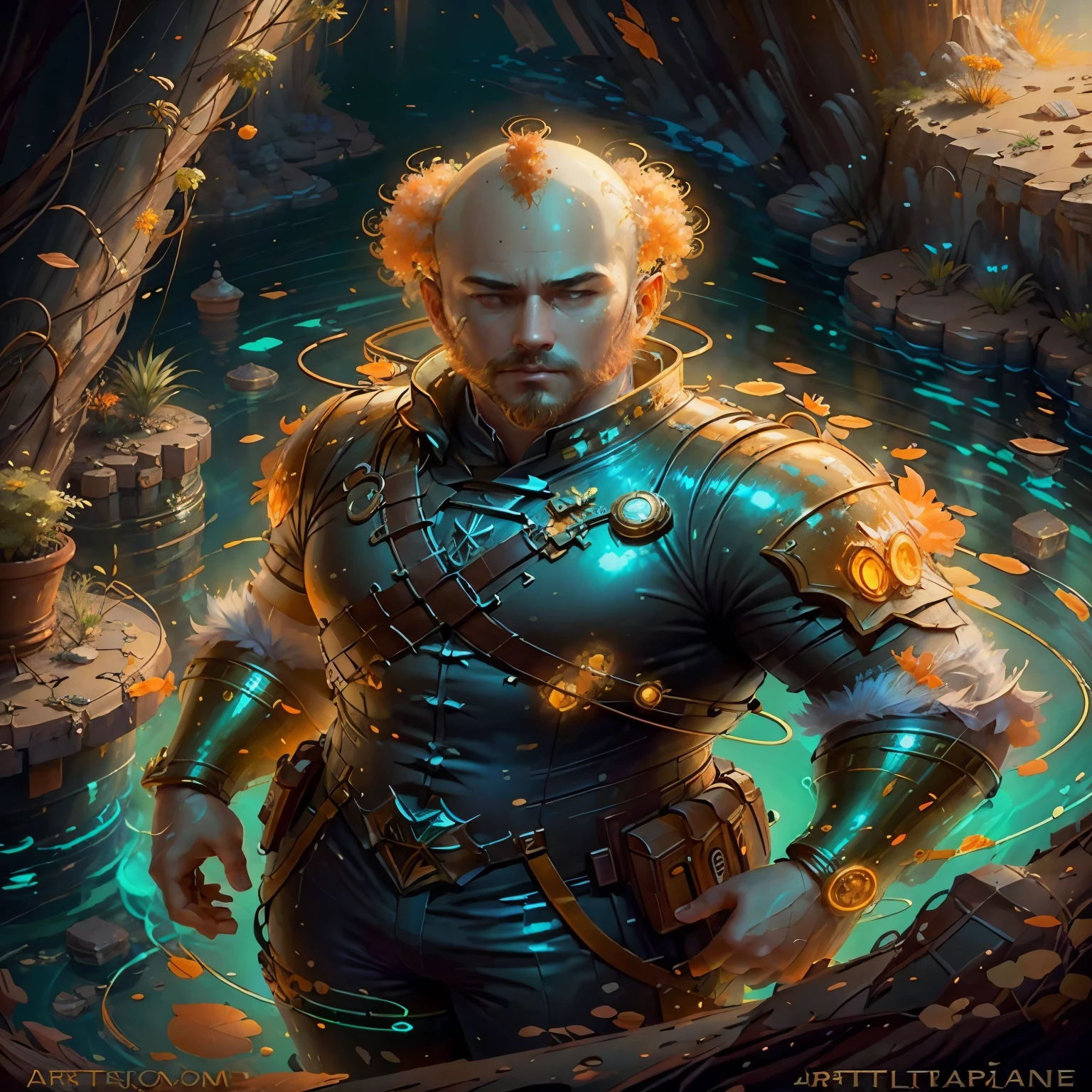 orange00d, (art by Jason Rhoades:1.2), aerial shot of a rotund Male Investigator, Bald  hair styled as Curly, Sunny, caustics, league of legends splash art, trending on artstation, 