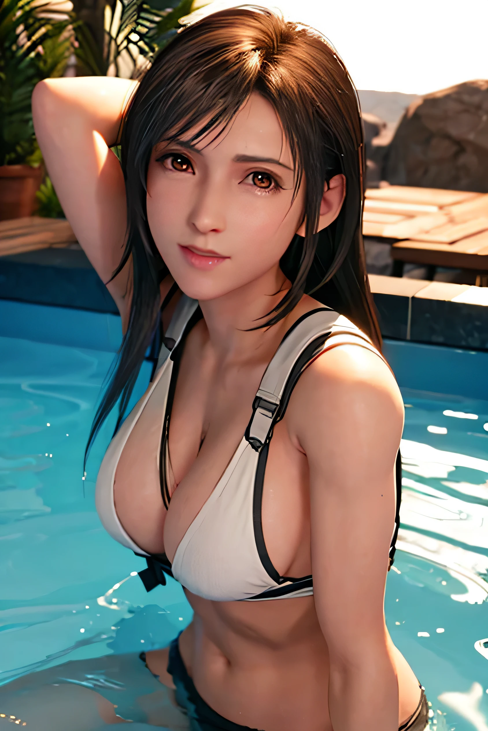 Tifa bathing in a jacuzzi, pose sensual, culo redondo, big breasts and light brown eyes. 8K, mejor calidad, obra maestra: 1.2