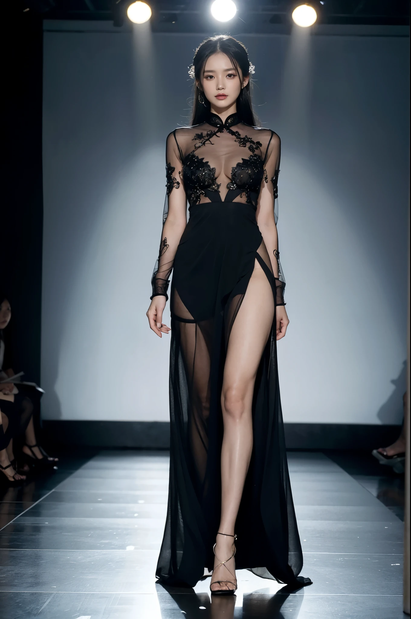 a woman in a black dress is walking down a runway, sexy gown, translucent dress, opened dress, see through dress, glamorous runway model, gorgeous chinese model, fantasy long intricate gown, cheongsam, sexy look, on the runway, fashion runway, revealing stylish dress, fashion model, revealing outfit, sexy dress, jiyun chae, beautiful fashion model body, faint nipple displayed,