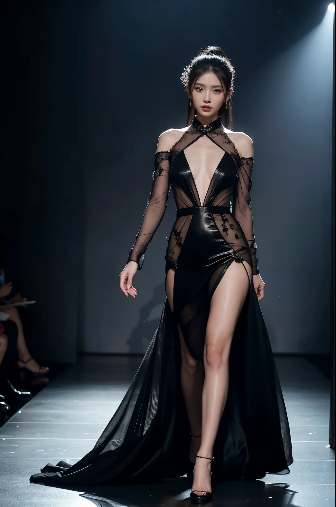 a woman in a black dress is walking down a runway, sexy gown, translucent dress, opened dress, see through dress, glamorous runway model, gorgeous chinese model, fantasy long intricate gown, cheongsam, sexy look, on the runway, fashion runway, revealing stylish dress, fashion model, revealing outfit, sexy dress, jiyun chae, beautiful fashion model body, faint nipple displayed,