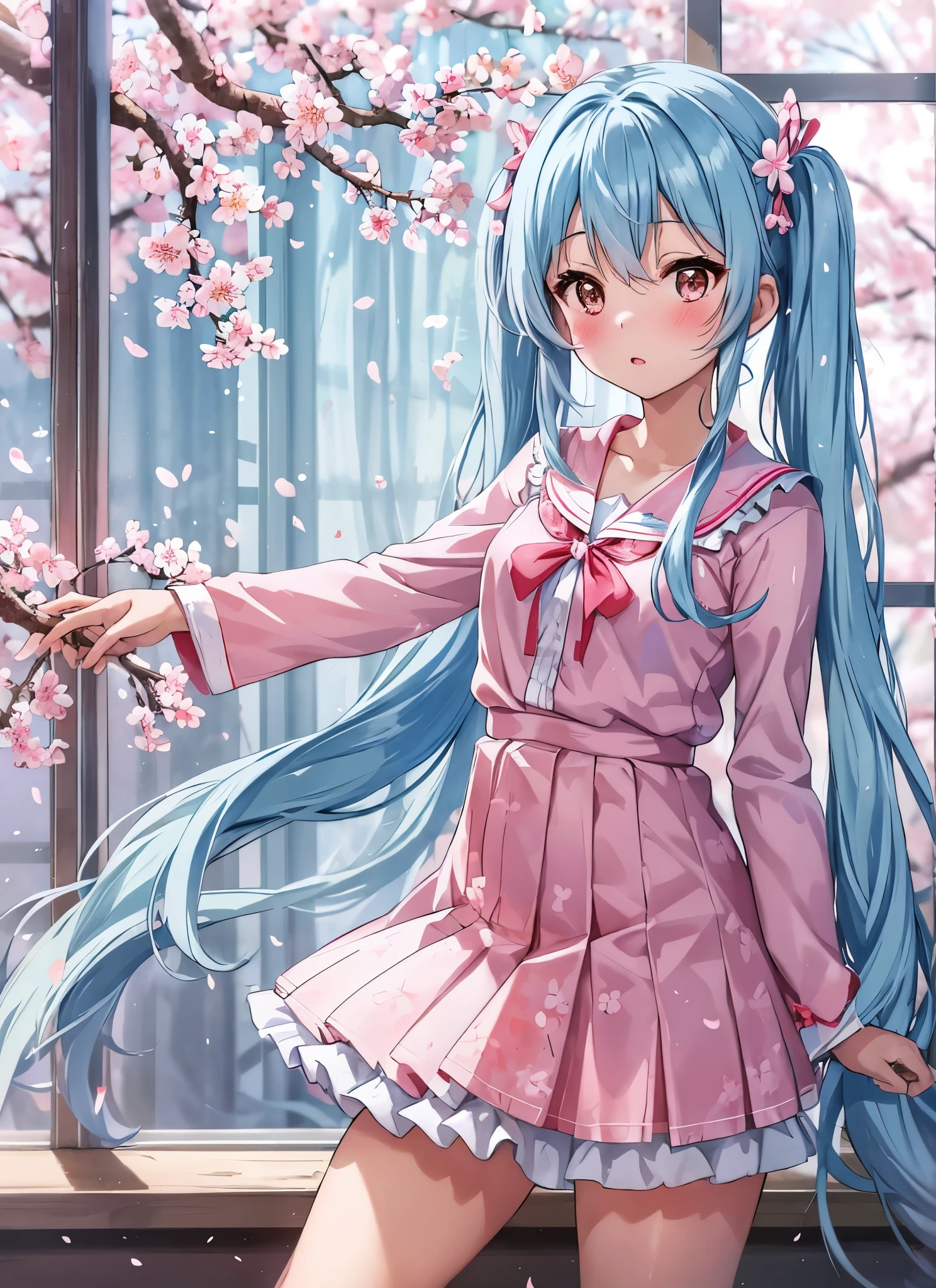 light blue long hair Beautiful girl with twin tails graduation ceremony Cherry blossoms are in full bloom outside the window Cherry blossom petals are dancing