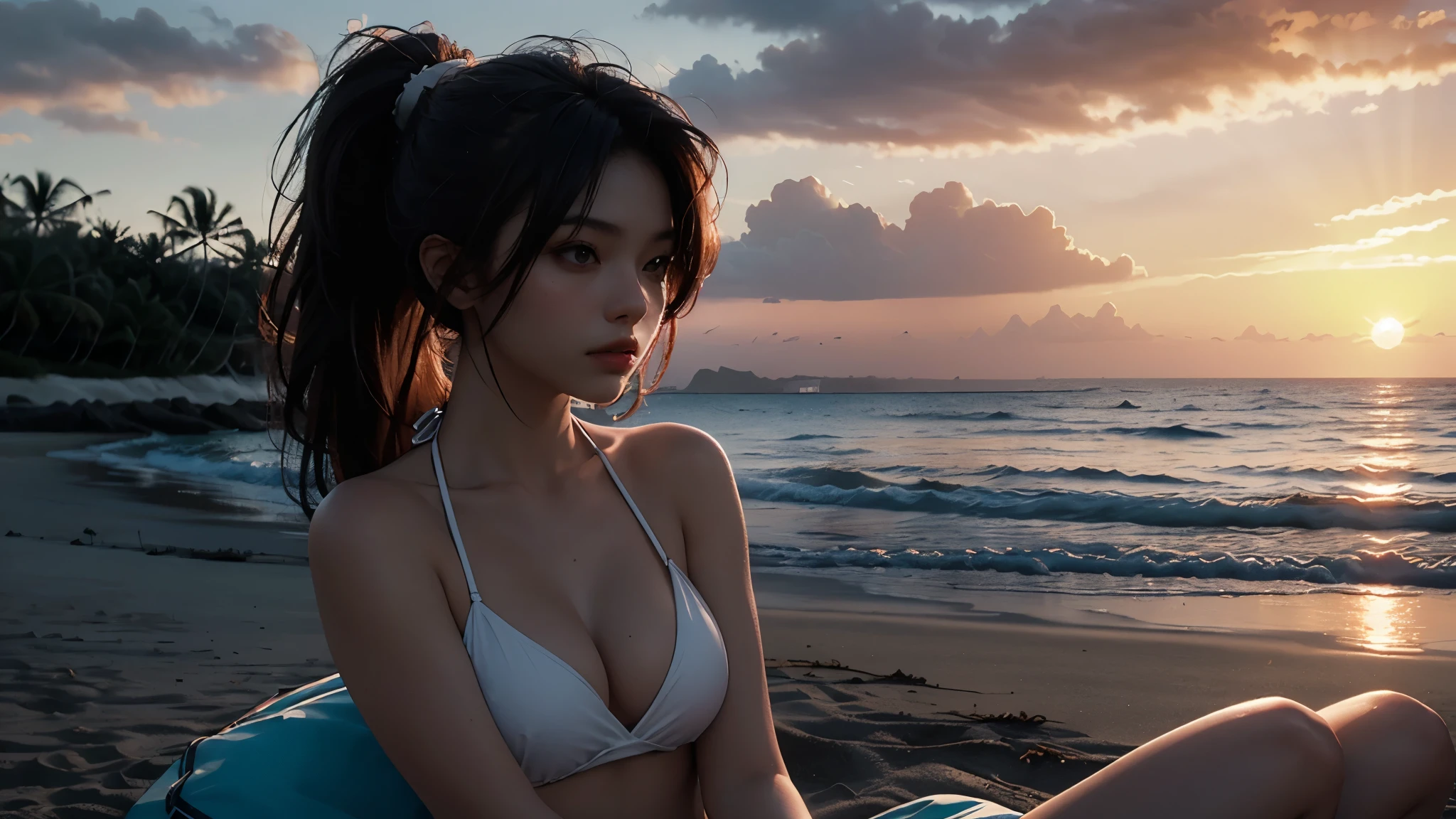 Best quality, masterpiece, ultra high res, (photorealistic:1.4), raw photo, 1girl, bikini, cinematic lighting, half body view, half body shot, ((realistic beach)), ((sunset)), orange sunlight on hair, long ponytail,