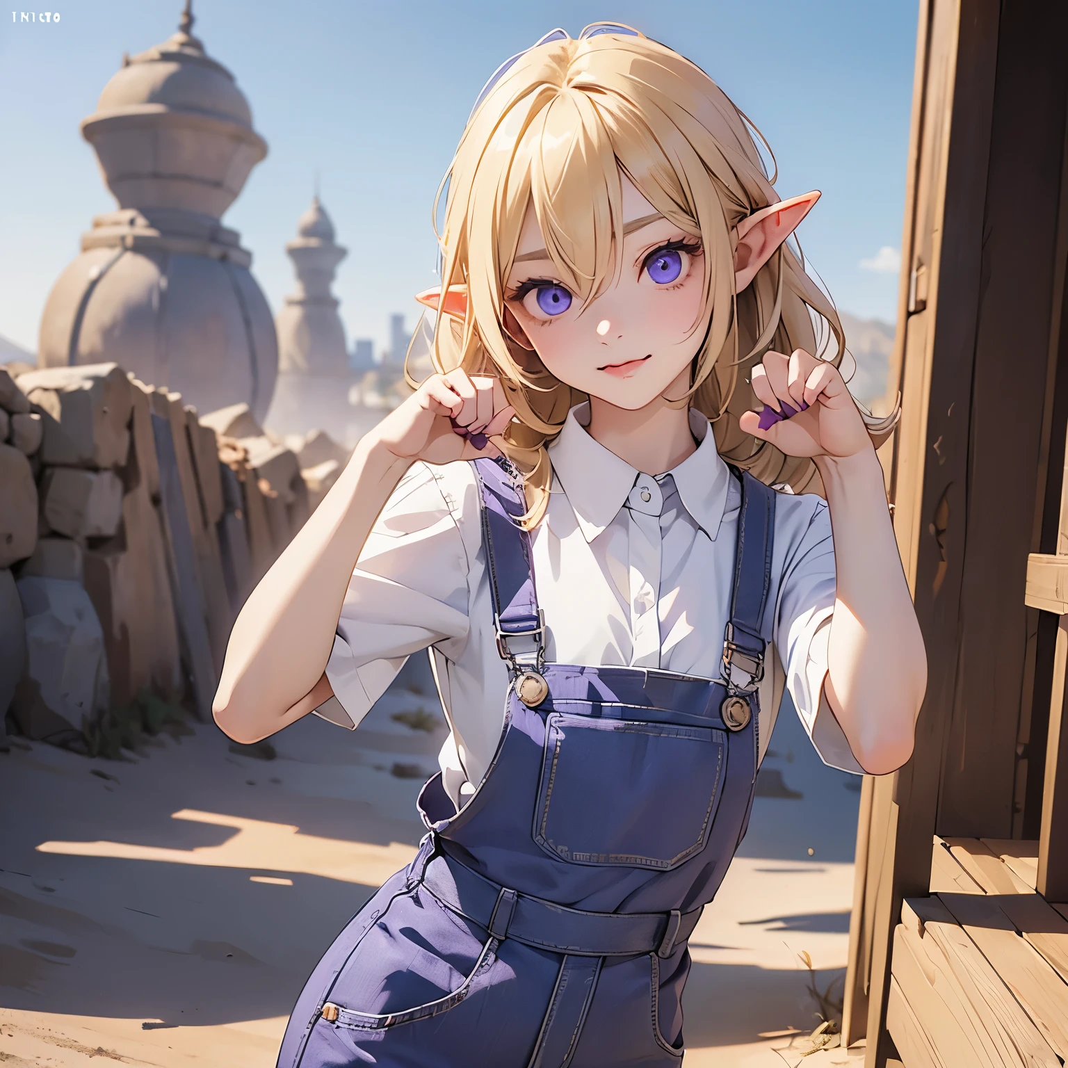 ((Masterpiece)), (Anime:1.5), ((best quality)), (RAW photo:1.2), (High Definition:1.3), (Professional Photography:1.2), (), (1girl), cute young girl, (paw posing:1.4), BREAK, (naughty face:1.3), (Beautiful purple daiamond eyes:1.5), (pale skin), elf girl, wearing Gray Workwear Coveralls, flat chest, slender waist, BREAK, (hair over eyes:1.2), Silky unruly hair, medium hair, ((blond hair)), wearing Gray Workwear Coveralls, ((outside The Frozen Desert)),
