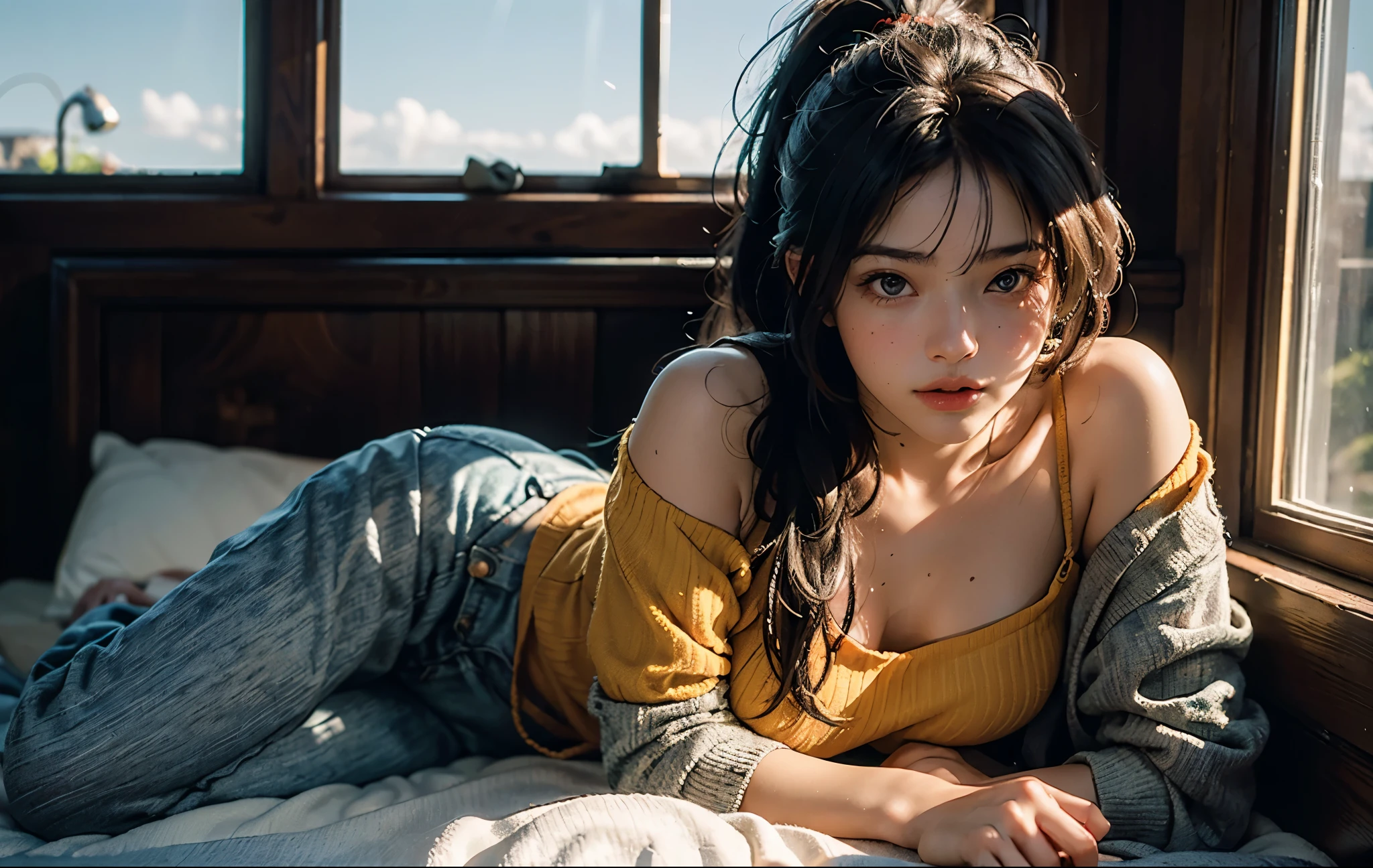 1 girl, Best quality, masterpiece, ultra high res, (photorealistic:1.4), raw photo, 1girl, see through spaghetti strap shirt, cinematic lighting, half body view, half body shot, bedroom, by the window, orange sunset light reflects on hair, one strap falls off shoulder, long ponytail,