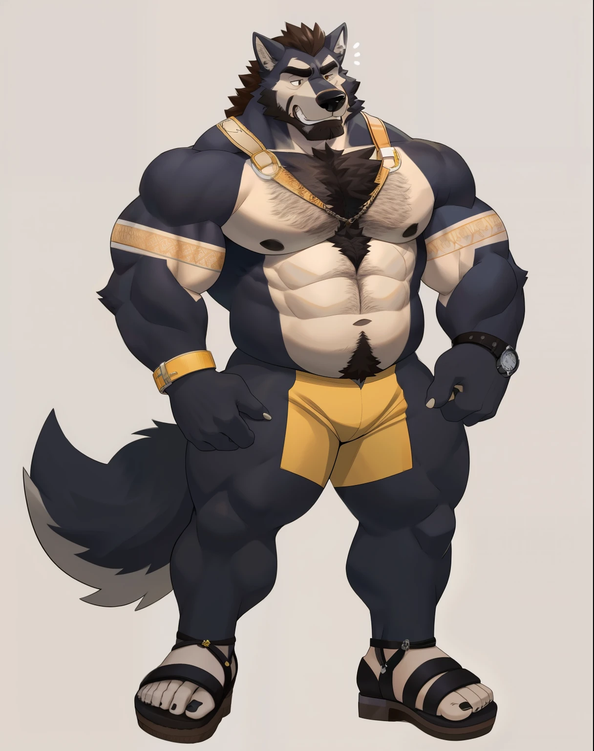 1boy, abs, bara, bare pectorals, bare shoulders, black hair, body hair, brown hair, chest hair, clothing cutout, cuffs, dark-skinned male, facial hair, handcuffs, jewelry, large pectorals, long sideburns, male focus, mature male, medium hair, muscular, muscular male, navel, pectorals, short hair, sideburns, solo, stomach, stubble, thick thighs, thigh cutout, thighs, tight, watch, ((wolf, full body, sandals))