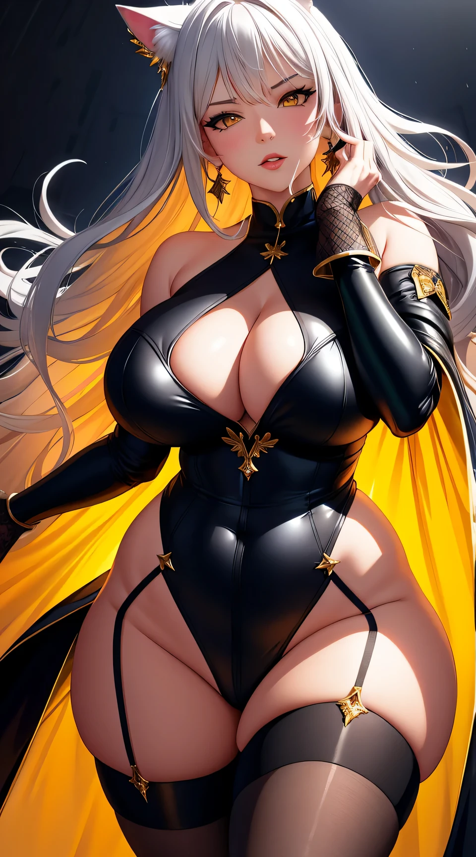 (best quality:1.5, highres, UHD, 4K, detailed lighting, shaders), black wavy hair, gradient hair, cat ears, large breasts,long coat, big butt, big thighs, mature woman , (pov), white background, colorful eyeshadow, dramatic lighting, sparkling eyes, sensual expression, golden earrings, flowing hair, delicate facial features, soft skin, high cheekbones, urban setting, white background,