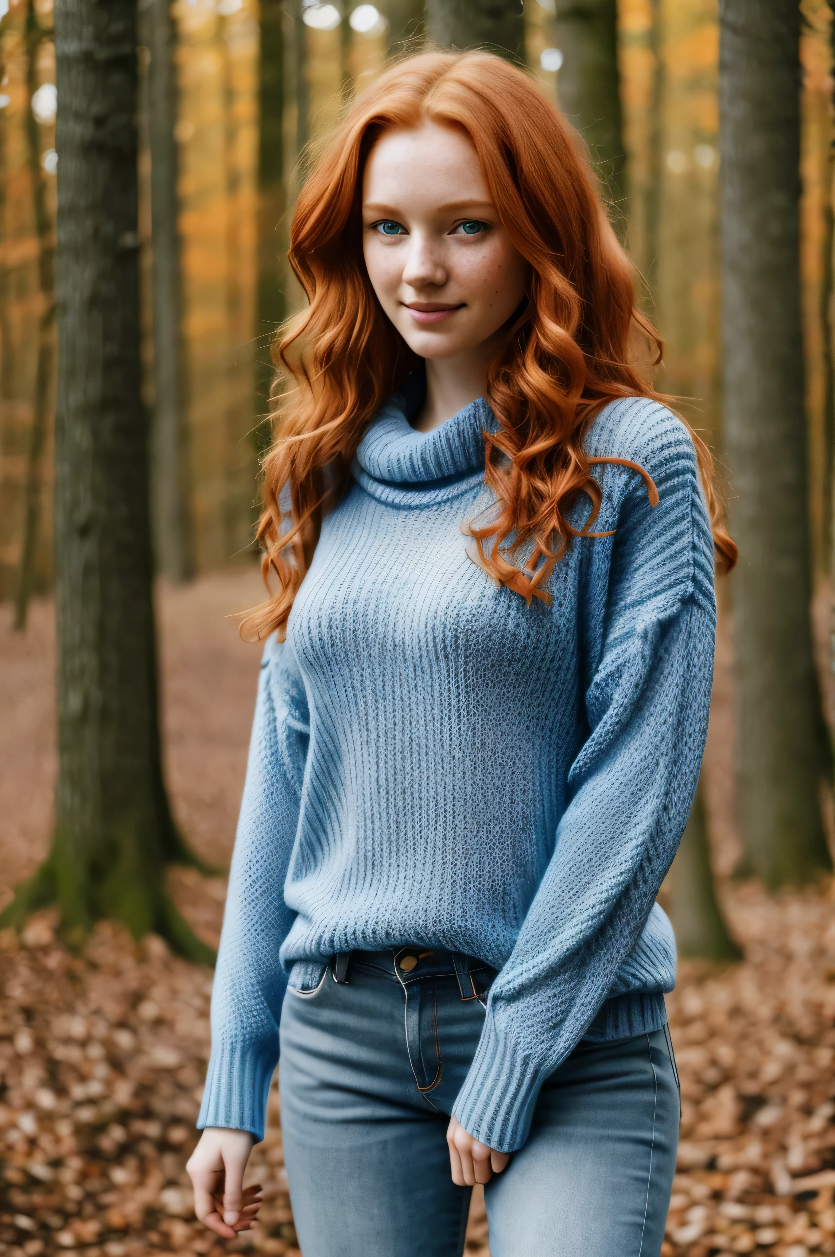 1girl in, age19, Solo, Aesthetic artwork, irish redhead, wavy ginger hair, shoulder length ginger hair, gray eyes, light grey eyes, some small freckles, pale skin, d-cup, midium breasts, runners body, (textured skin, skin pores:1.1), (moles:0.8), imperfect skin, goosebumps, outside in deep woods, late fall weather, (extremely detailed 8k wallpaper), soft lighting, high quality, film grain, Fujifilm XT3 sharp focus, f 5.6, 50mm, High Detail, Sharp focus,(natural light), (blue sweater: 1.3), blue jeans, crazy details, complex details, hyper detailed,shy smile,walking around,gazing at anofther direction