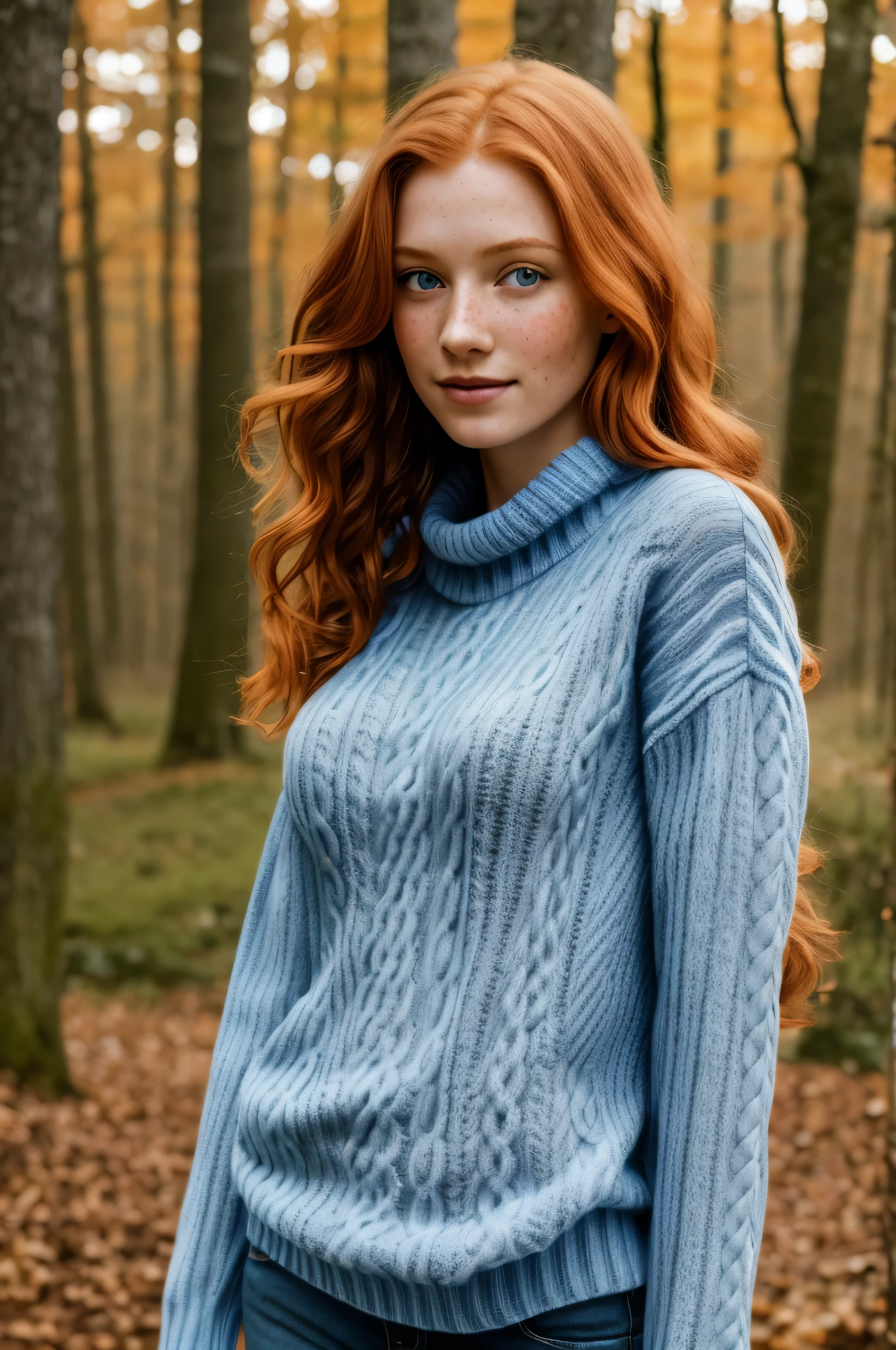 1girl in, 19, Solo, Aesthetic artwork, irish redhead, wavy ginger hair, shoulder length ginger hair, gray eyes, light grey eyes, some small freckles, pale skin, d-cup, midium breasts, runners body, (textured skin, skin pores:1.1), (moles:0.8), imperfect skin, goosebumps, outside in deep woods, late fall weather, (extremely detailed 8k wallpaper), soft lighting, high quality, film grain, Fujifilm XT3 sharp focus, f 5.6, 50mm, High Detail, Sharp focus,(natural light), (blue sweater: 1.3), blue jeans, crazy details, complex details, hyper detailed,shy smile,walking around