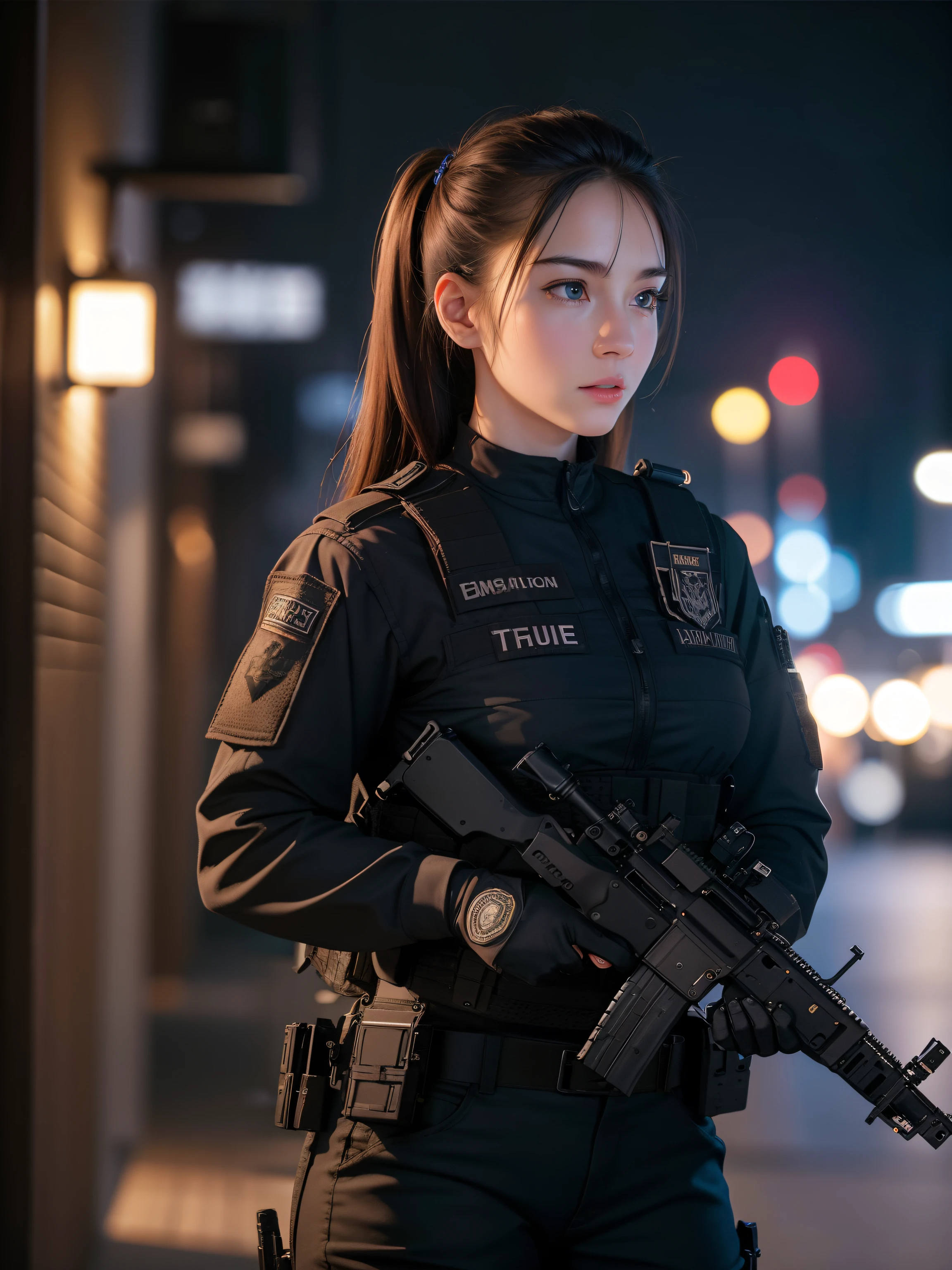 ((best quality)), ((masterpiece)), (detailed), beautiful lighting, best quality, realistic, full body portrait, real picture, intricate details, depth of field, 1girl, A very muscular solider girl with long haircut, around 20 years old wearing a black uniform holding a gun in the hallway, wearing Swat tactical gear, photography of a techwear woman, dressed in Swat tactical armor, black Swat tactical gear, Tactical vest and holster, Beautiful Female Soldier, Holding a rifle, closeup portrait shot, Have an MP7, holding rifle, special forces security, airsoft cqb, highly-detailed, perfect face, blue eyes, lips, wide hips, small waist, tall, make up, Fujifilm XT3, outdoors, bright day, Beautiful lighting, RAW photo, 8k UHD, film grain, ((bokeh))