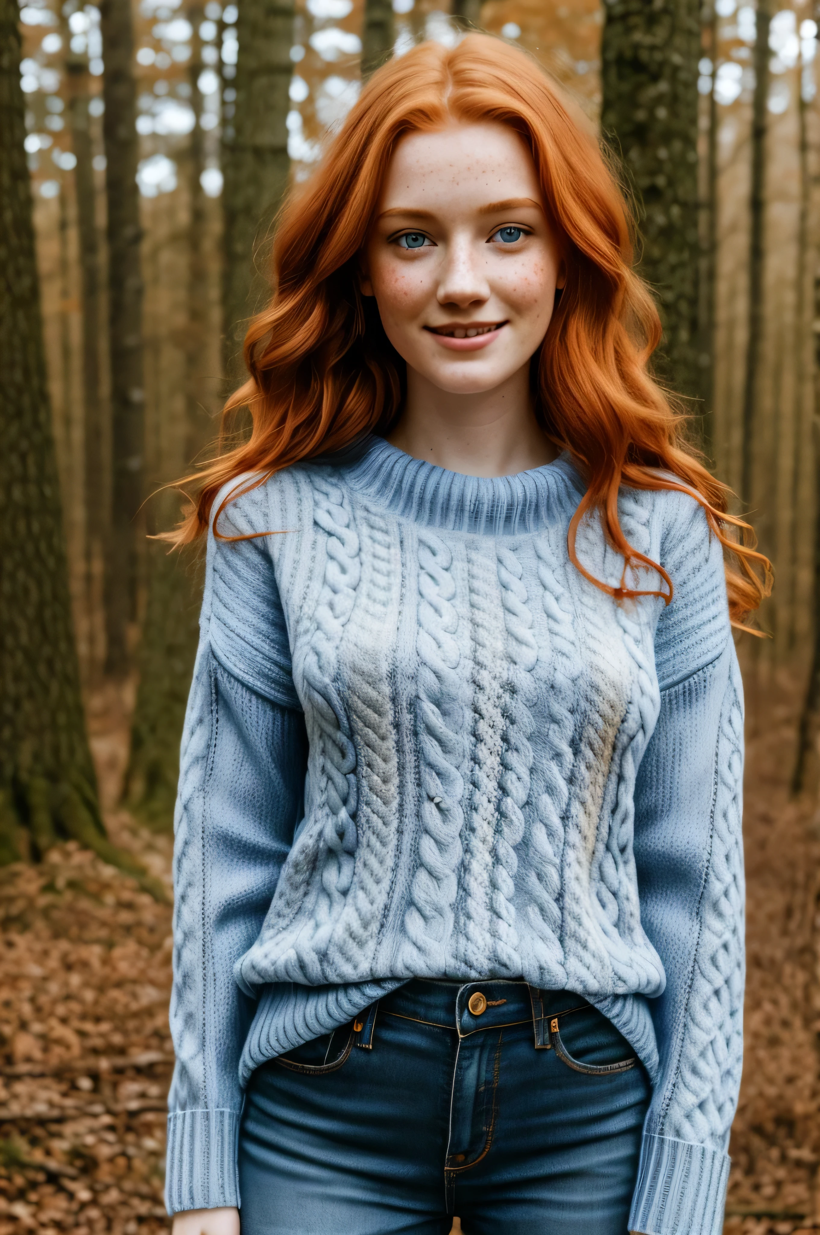 1girl in, age19, Solo, Aesthetic artwork, irish redhead, wavy ginger hair, shoulder length ginger hair, gray eyes, light grey eyes, some small freckles, pale skin, d-cup, midium breasts, runners body, (textured skin, skin pores:1.1), (moles:0.8), imperfect skin, goosebumps, outside in deep woods, late fall weather, (extremely detailed 8k wallpaper), soft lighting, high quality, film grain, Fujifilm XT3 sharp focus, f 5.6, 50mm, High Detail, Sharp focus,(natural light), (blue sweater: 1.3), blue jeans, crazy details, complex details, hyper detailed,shy smile