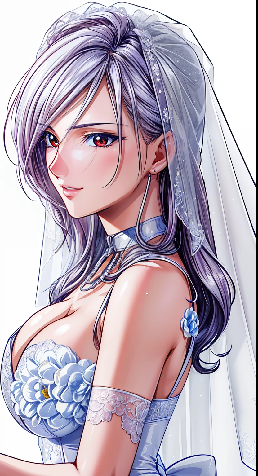 red eyes, (pure white background:1.4),(highest quality, masterpiece絵画:1.3), mature woman, 26 years old, whole body,(No decoration on the neck:1.2)(beautiful neck:1.2),(from head to toe),looking at the camera, (From the side), masterpiece, ultra high resolution, (Photoreal:1.0), bright white hair,straight long hair, beautiful shining hair, white and shining skin, ((Ultra realistic details)), octane rendering, highly detailed face, (big breasts:1.0),(gorgeous white wedding dress,white Wedding veil,delicate decoration:1.2), open neckline, cleavage, perfect body, soft skin, anime face, perfect face, perfect eyes, looking at the viewer, smart,, Lots of flowers at my feet, outdoors,sharp focus, intricate details, professional artwork, (bright colors:1.1), bright colors, diffused lighting, digital blending, ultra-definition body, ultra detail hair, super detailed face, It's trending on pixiv,perfect lips, perfect compensate, Ultra-precision coating, (light_smile:0.8), (Very embarrassed:1.2),A glossy look,