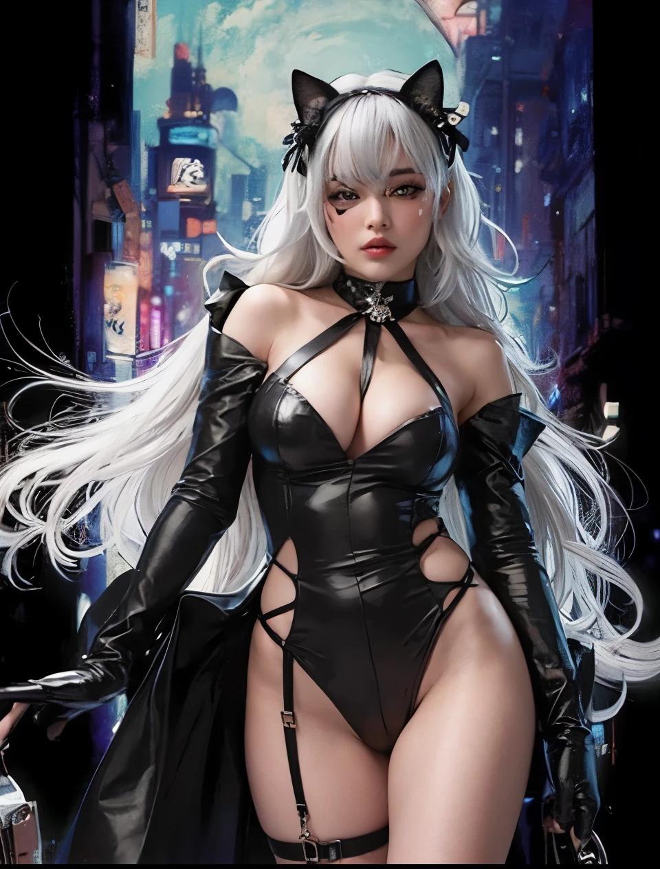 The character Black Cat, beautiful and sexy girl, perfect costume, mask in the eyes, perfect face, perfect mouth, gorgeous interpretation 