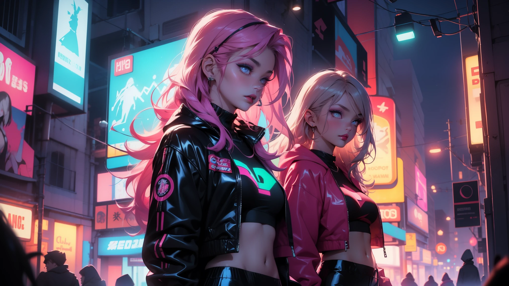((1 girl)), A girl, long hair, city, future, science fiction, pink latex crop top, latex shorts, night scene, black hoodie jacket, midnight, blue light, neon, night, delicate features, beautiful girl, beauty, charming,fashi-girl,red lips,realistic,makeup, 3/4 body view, neon lights,