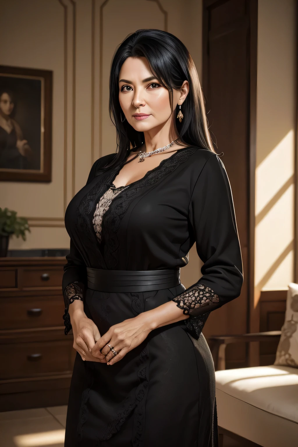 Neat middle-aged married woman wears proper clothes black hair and a little long indoor, Hmm, retina, masterpiece, Accurate, anatomically correct, rough skin, Super detailed, advanced details, high quality, Awards, 最high quality, High resolution