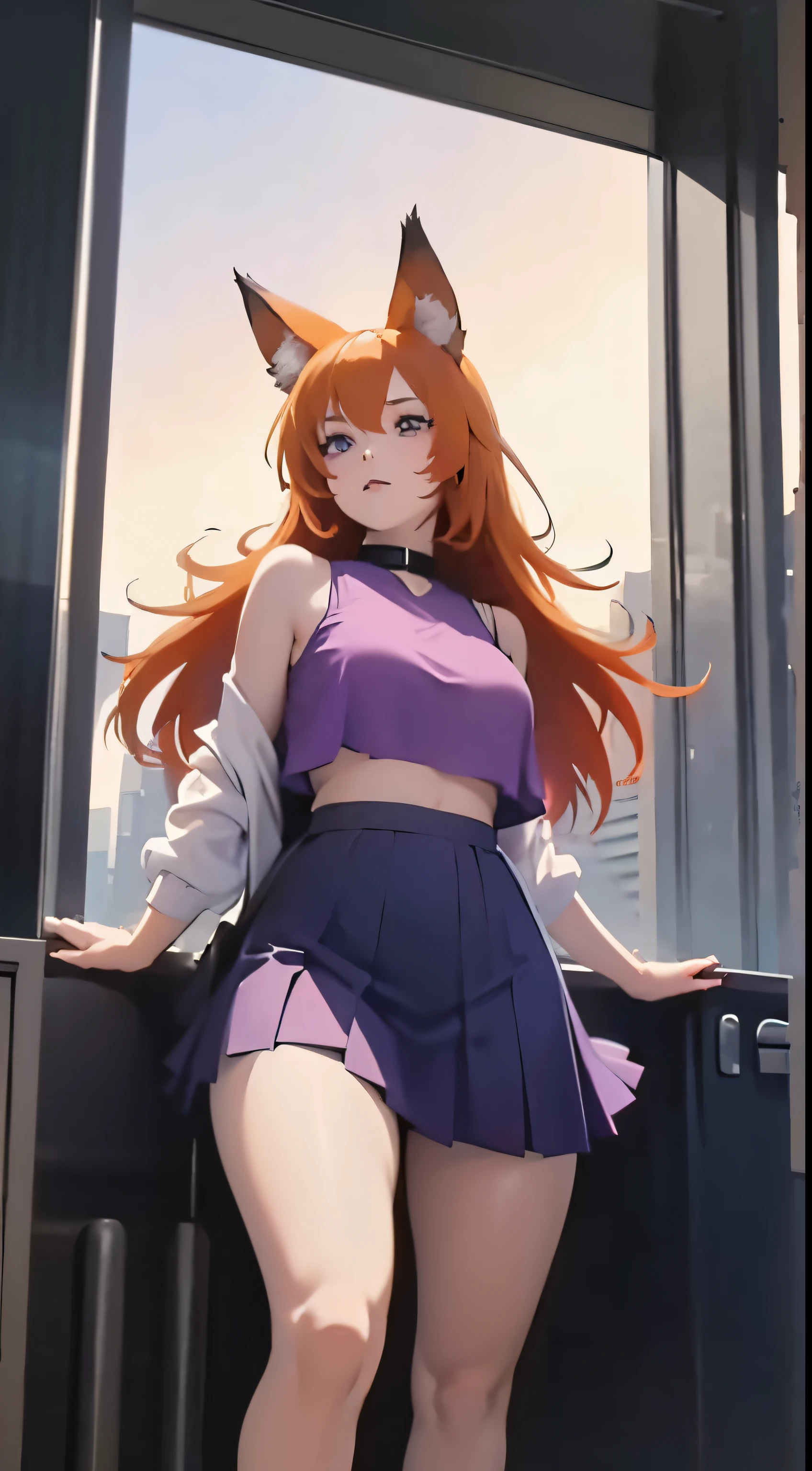 , 1980s (style), orange hair, wolf ears and tail, thigh high stilettos, pleated skirt, crop top with window, Blank purple eyes,