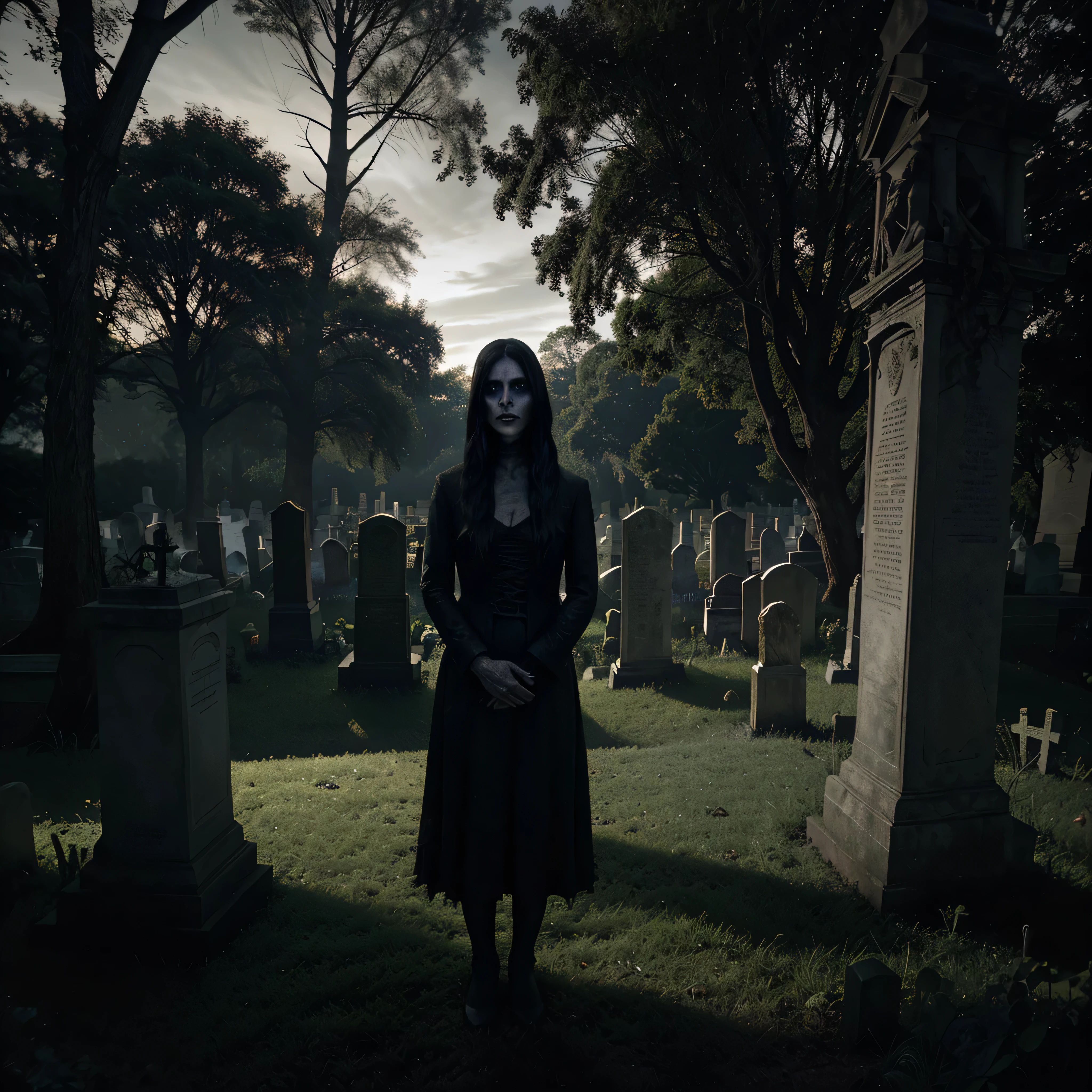 a very old cemetery, an otherworldly presence, horror movie-inspired, supernatural beings lurking in the shadows, a sense of the paranormal, an unsettling tranquility, a moment frozen in time, darkness and light intertwining, a haunted tale waiting to unfold.