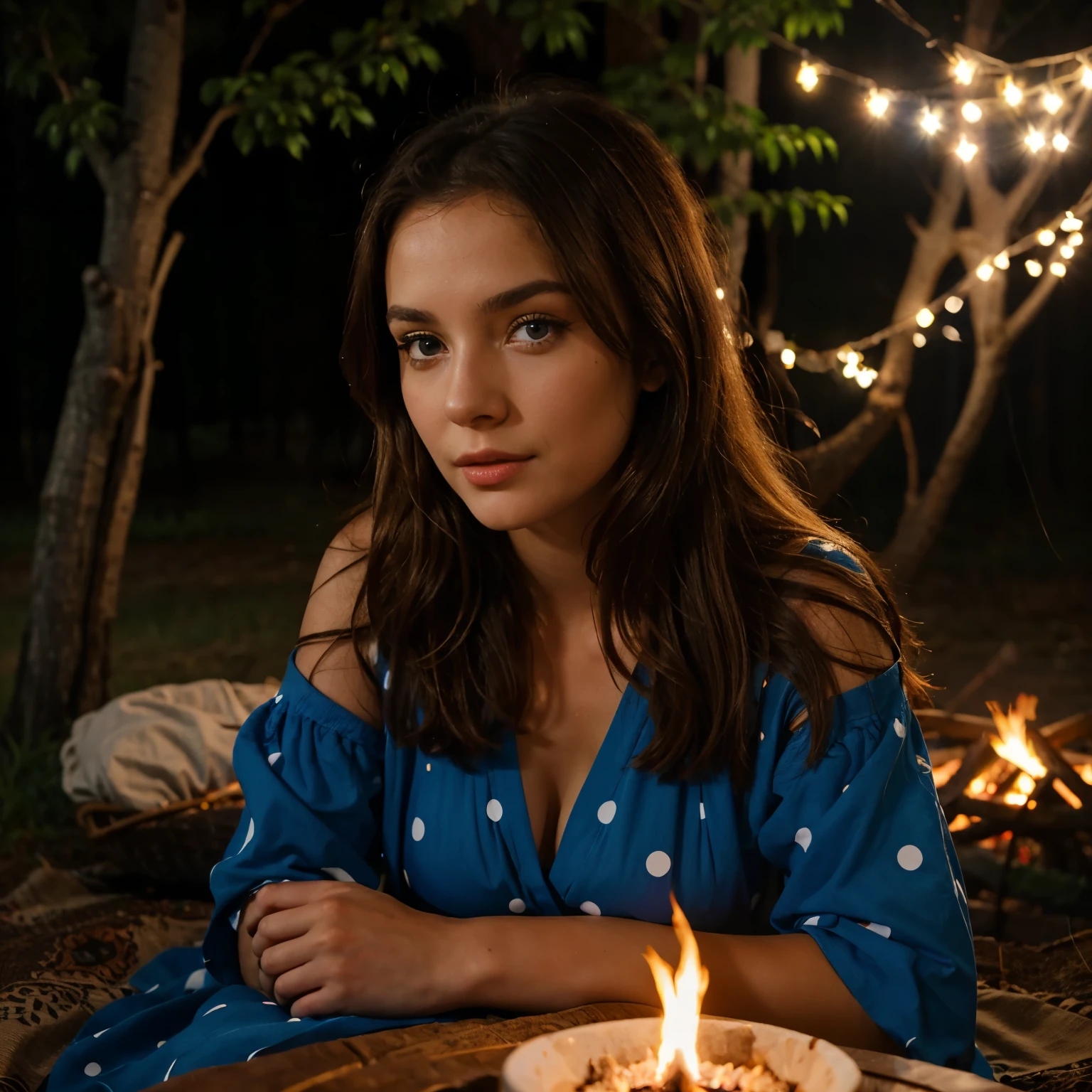 Albanian, girl, brown hair, blue eyes, Brunette, Polka dot blue dress, Campfire ambiance, Evening setting, Outdoor gathering, Cozy atmosphere, Firelight glow, Nighttime warmth, Woodsy scene, Relaxed demeanor