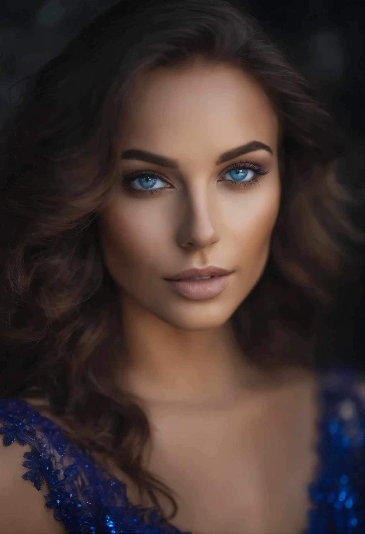 Femme arafed , fille y aux yeux bleu profond, Portrait, cheveux bruns et grands yeux, Selfie dune jeune femme, Yeux de chambre, Violet Myers, sans maquillage, maquillage naturel, looking straight at camera, Visage avec Artgram, Maquillage subtil, Superbe photo du corps entier, dans la rue, clivue Evening Dress at a Glitter Banquet