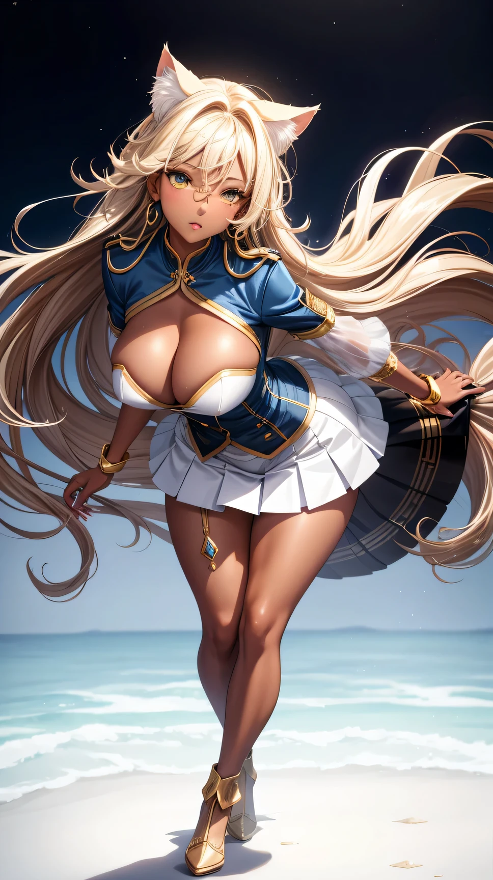 (best quality:1.5, highres, UHD, 4K, detailed lighting, shaders), brown wavy hair, gradient hair, cat ears, large breasts, large butt, big thighs, mature woman, woman stretch jersey, small skirt, white panties, white skirt, (pov), full body, white background, colorful eyeshadow, dramatic lighting, sparkling eyes, confident expression, golden earrings, flowing hair, delicate facial features, dark skin, high cheekbones, stylish clothing, urban setting, white background