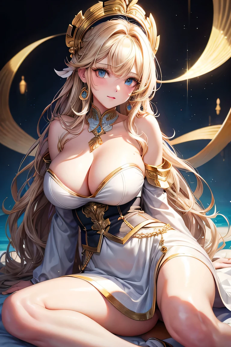(best quality:1.5, highres, UHD, 4K, detailed lighting, shaders), gold wavy hair, gradient hair, large breasts, white shirt, skirt jeans, mature woman , (pov), white background, colorful eyeshadow, dramatic lighting, sparkling eyes, sensual expression, golden earrings, flowing hair, delicate facial features, soft skin, high cheekbones, urban setting, white background, sitting on a char with legs wide open),