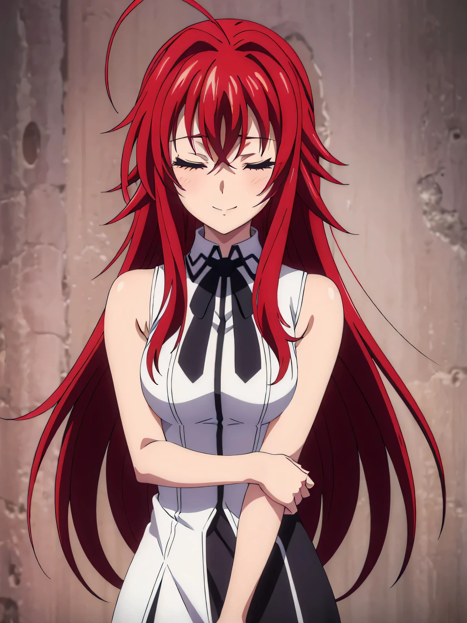 (((picture perfect))), (absurdres), 1girl, solo, rias gremory, sleevless school uniform, looking at viewer, smile, (((upper body))), white background, bare arms,, arms behind back, very long hair, cowboy shot, sucking penis, cum in hair, cum on face, full face blushing, closed eyes, in pain, hands grabing hair,