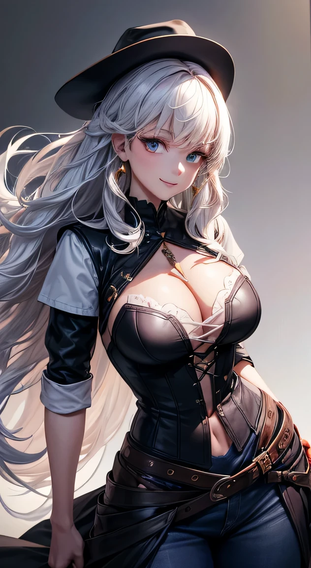 (best quality:1.5, highres, UHD, 4K, detailed lighting, shaders), white wavy hair, gradient hair, large breasts, black shirt, skirt jeans, mature woman , black Witcher hat, (pov), white background, colorful red eyeshadow, dramatic lighting, smile eyepression, golden earrings, flowing hair, delicate facial features, soft skin, high cheekbones, white background, stand up, lean forward, full body