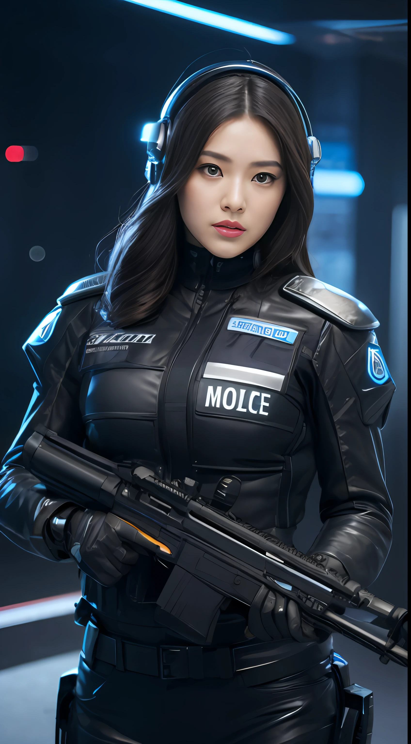 Highest image quality，Outstanding details，ultra high resolution，The police of the future，She wears a futuristic SWAT uniform，She stood in front of the police car，Very sexy，Robust body，Sexy and robust，Detailed abs，Detailed muscle lines，dynamicposes，the night，Future city street view background，neonlight，sense of science and technology，future-tech，Very detailed cyberpunk style，cyber punk perssonage，Highly detailed police uniforms，Highly detailed police cap，Highly detailed police force，Highly detailed police badge，Highly detailed armbands，Highly detailed police strips，Highly detailed epaulettes，wear police cap，Highly detailed electric batons，Highly detailed guns，The gun of the future，intercom，Wireless devices，Highly detailed handcuffs，Highly detailed police equipment，Highly detailed police car，Future police car，frontage，Full body photo，Look from the bottom up，look from down, looki at viewer，mechs